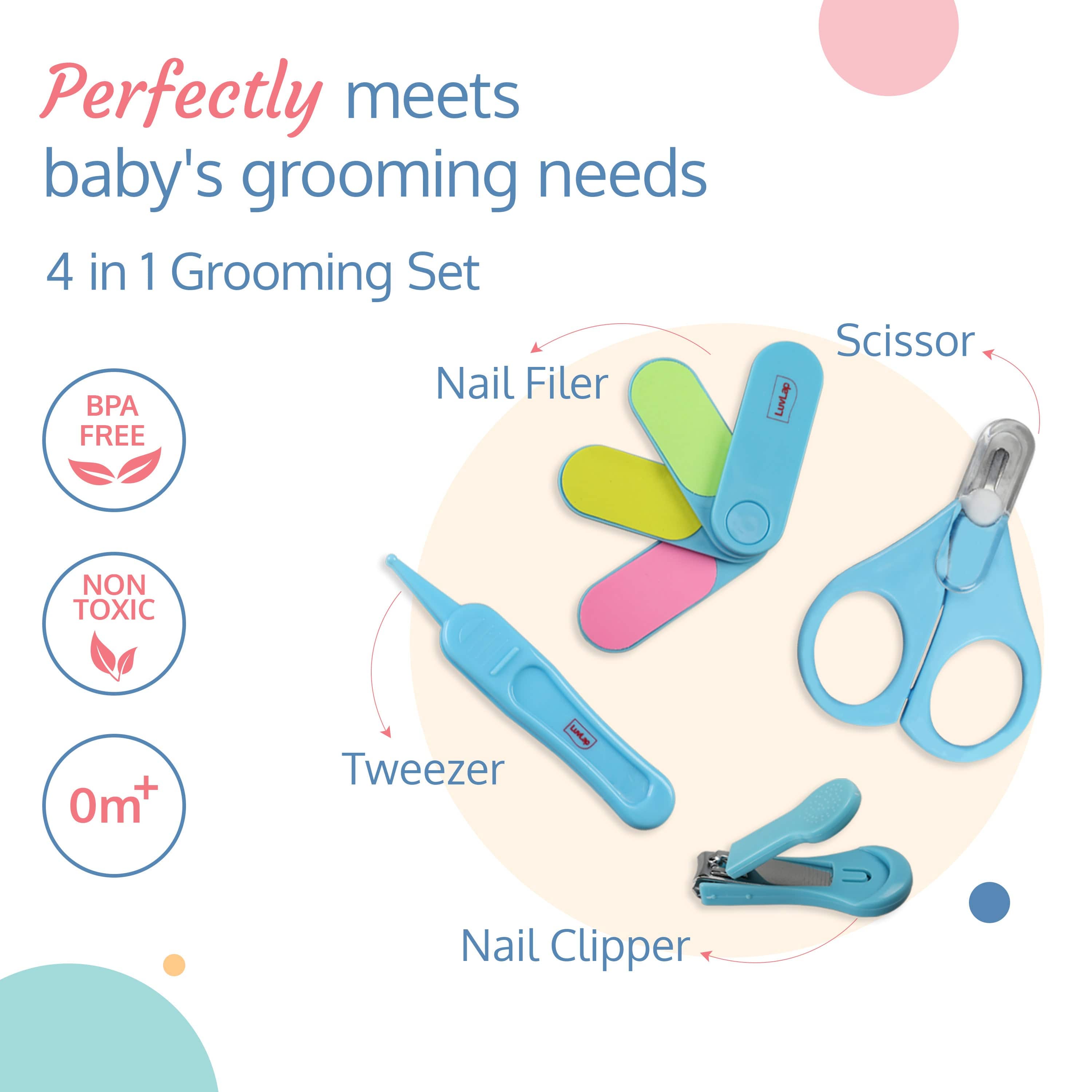 LuvLap Baby Grooming Scissors & Nail Clipper Set/Kit, Manicure Set, 4pcs, Blue, 0m+