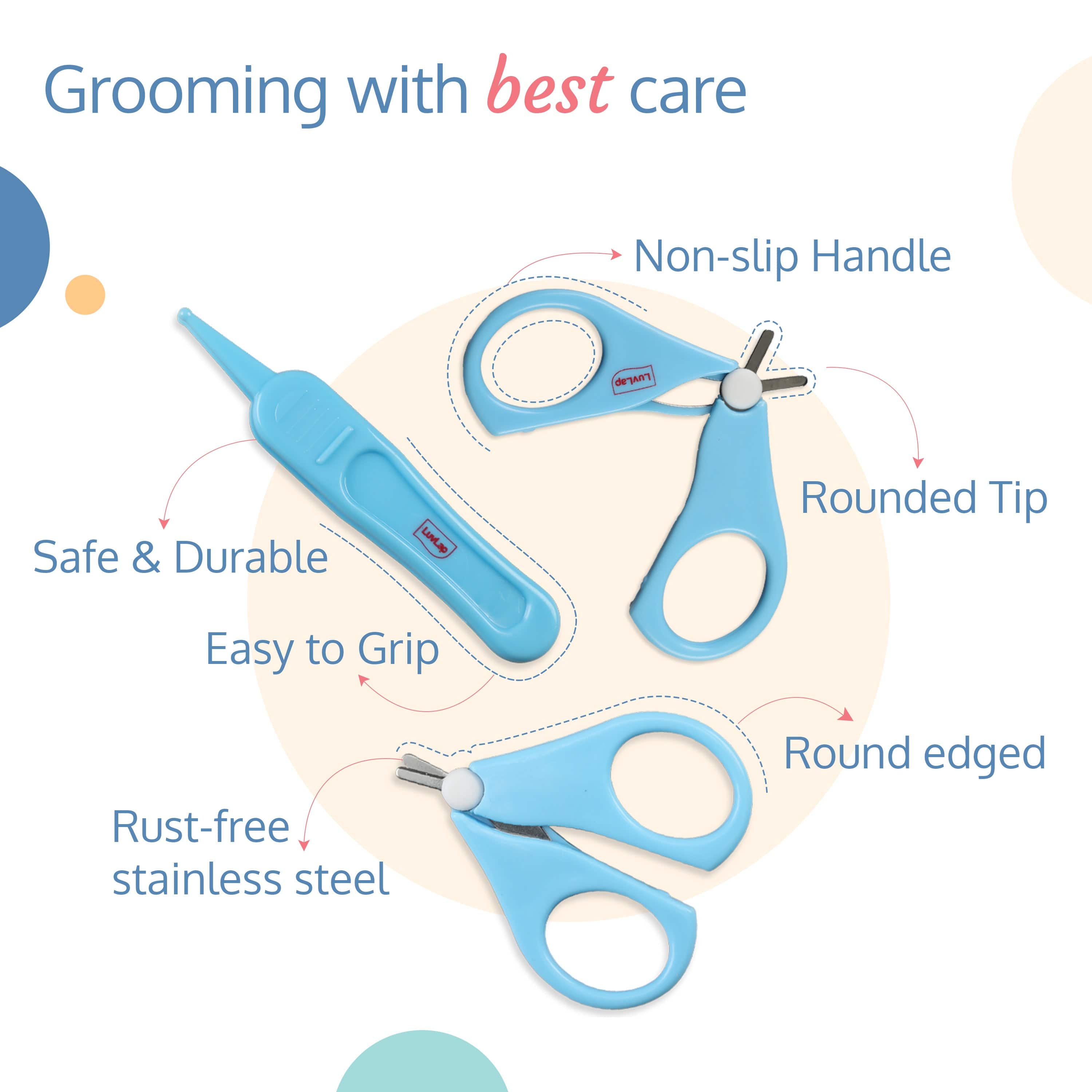 LuvLap Baby Grooming Scissors & Nail Clipper Set/Kit, Manicure Set, 4pcs, Blue, 0m+