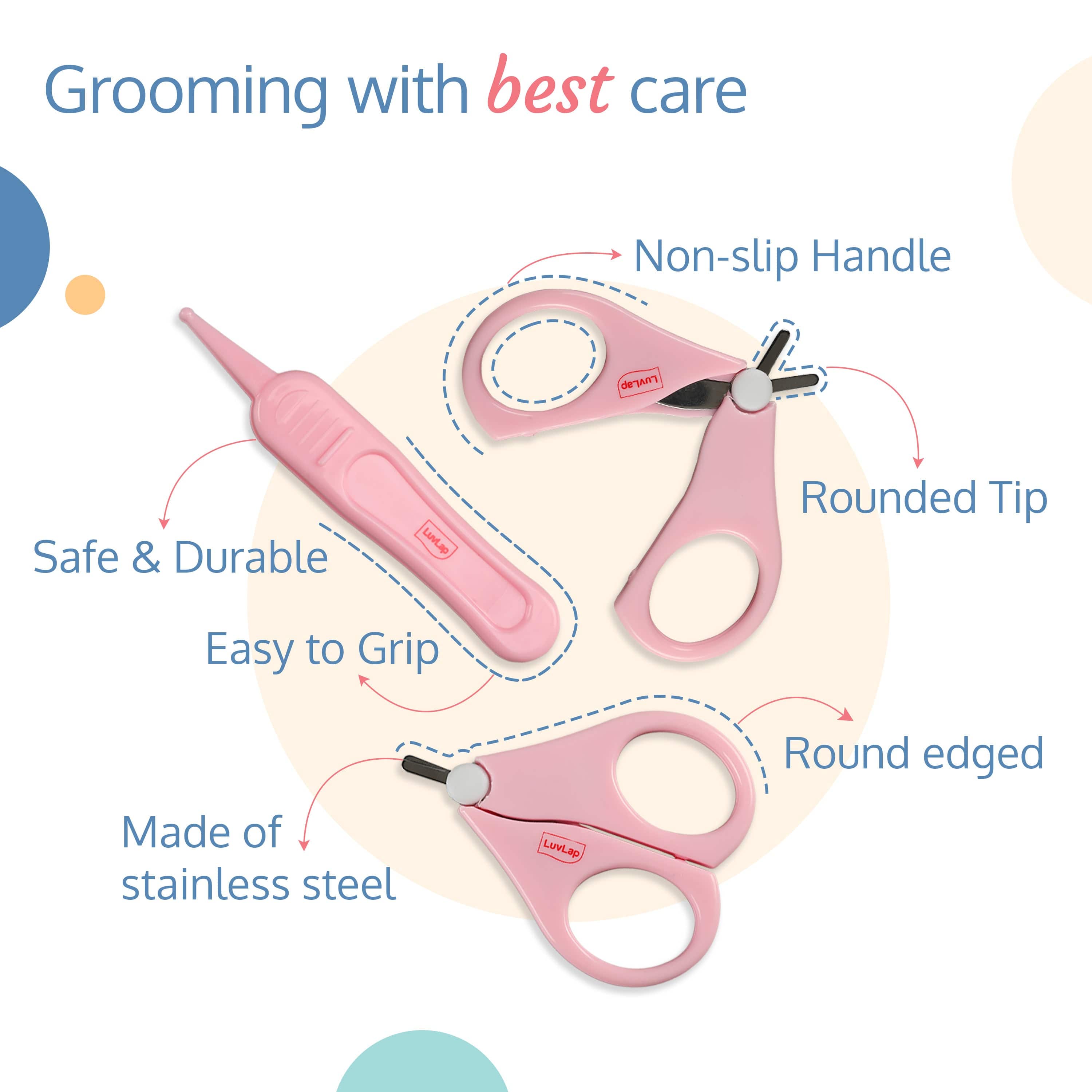 LuvLap Baby Grooming Scissors & Nail Clipper Set/Kit, Manicure Set, 4pcs, Pink, 0m+