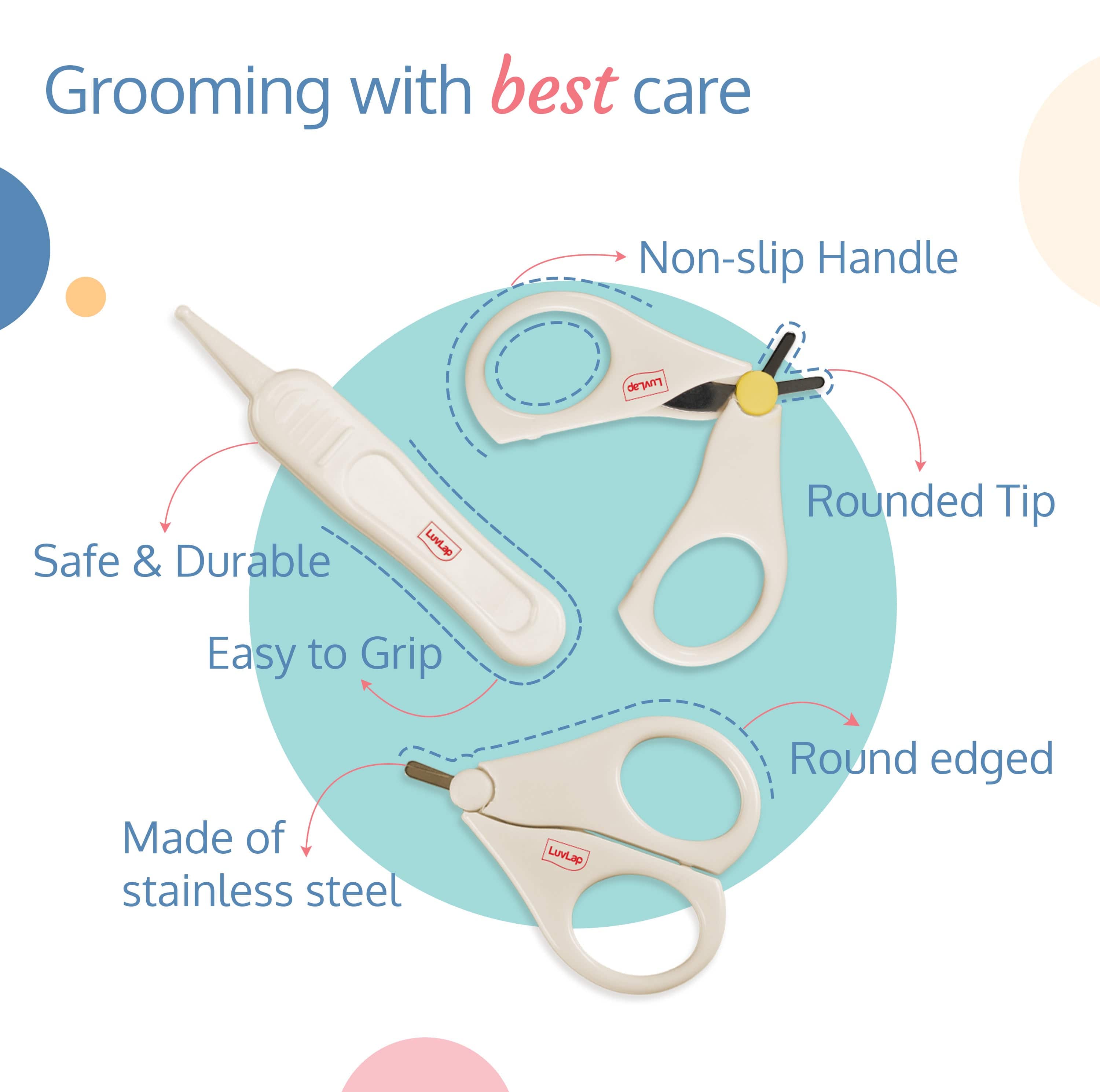 LuvLap Baby Grooming Scissors & Nail Clipper Set/Kit, Manicure Set, 4pcs, White, 0 M+