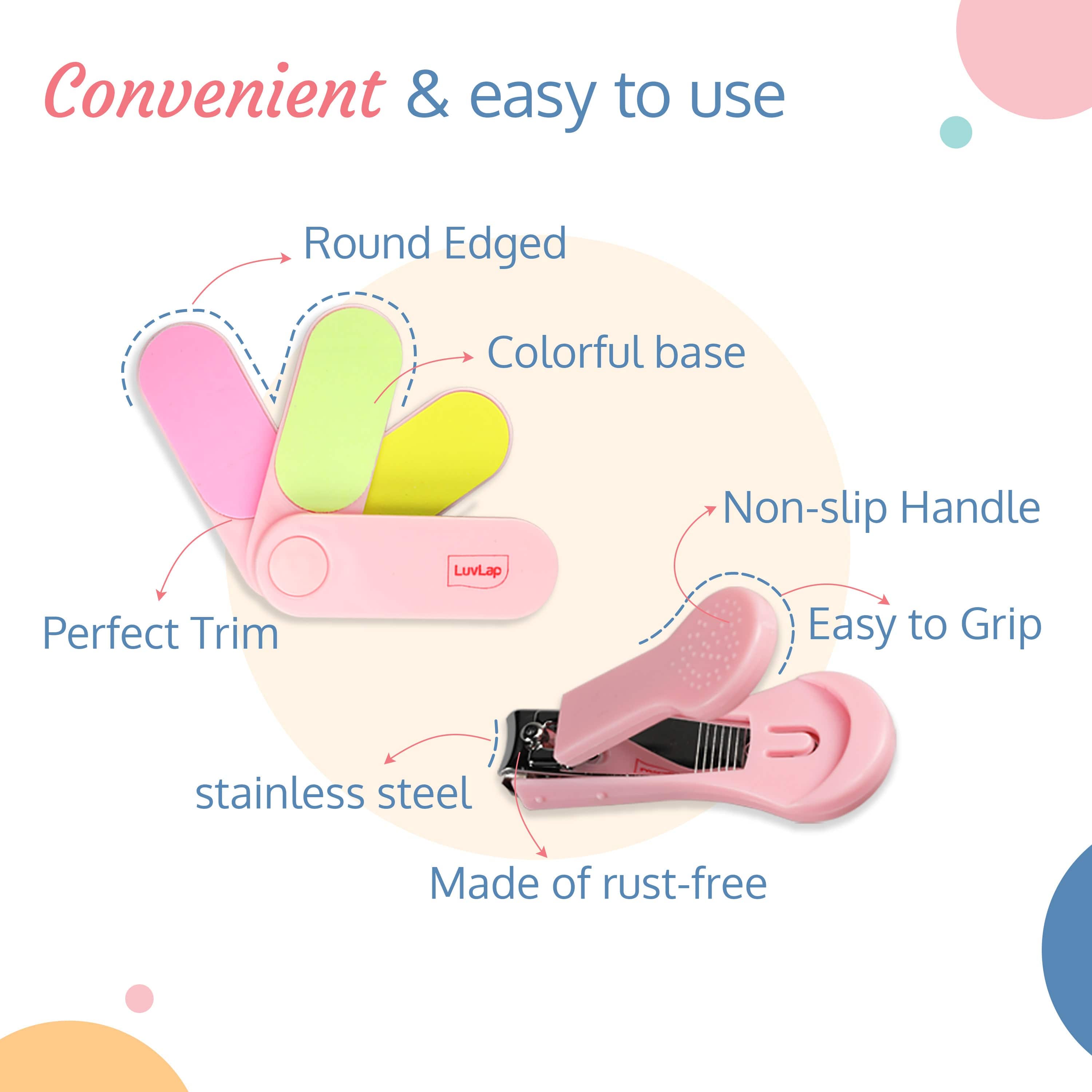 LuvLap Baby Grooming Scissors & Nail Clipper Set/Kit, Manicure Set, 4pcs, Pink, 0m+