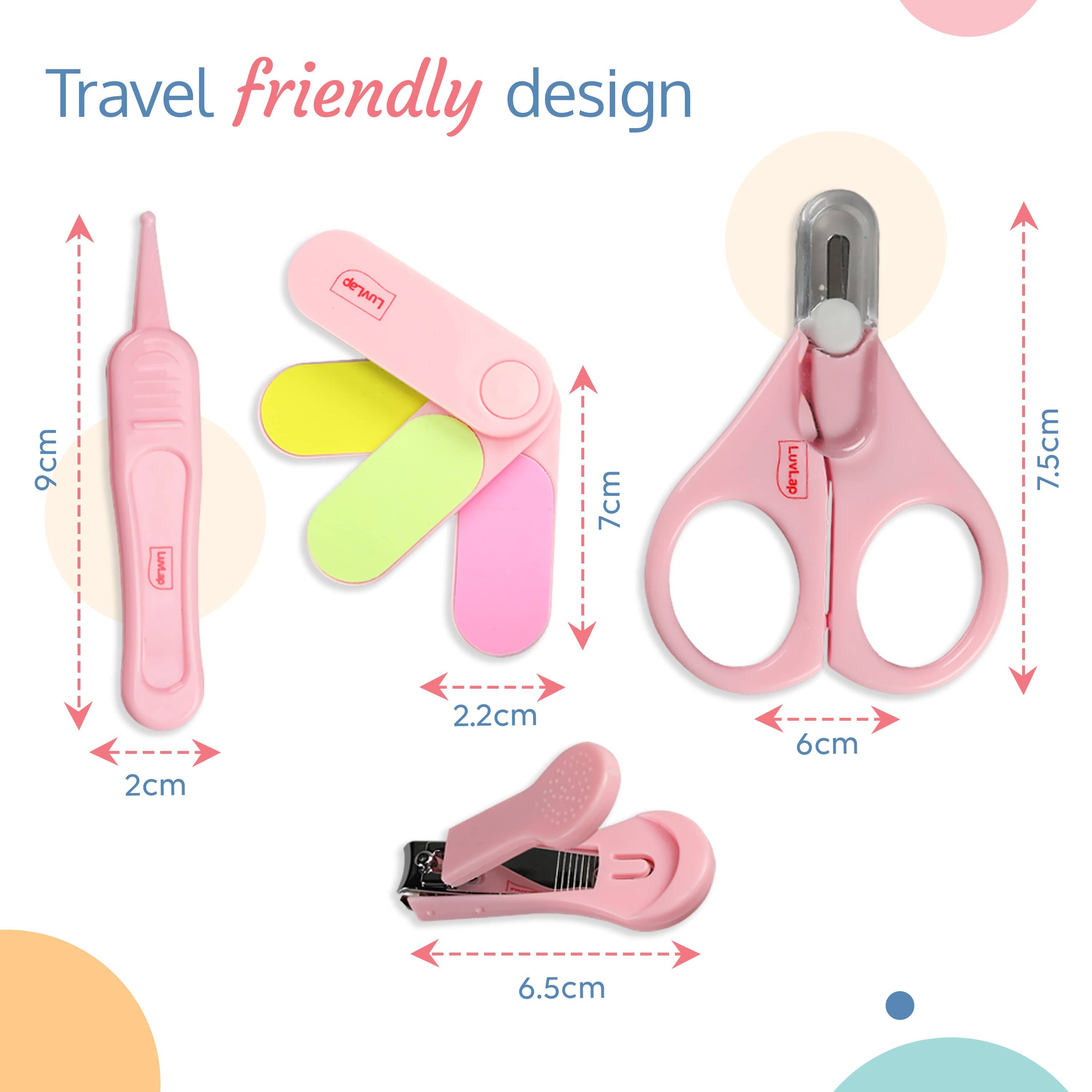 LuvLap Baby Grooming Scissors & Nail Clipper Set/Kit, Manicure Set, 4pcs, Pink, 0m+