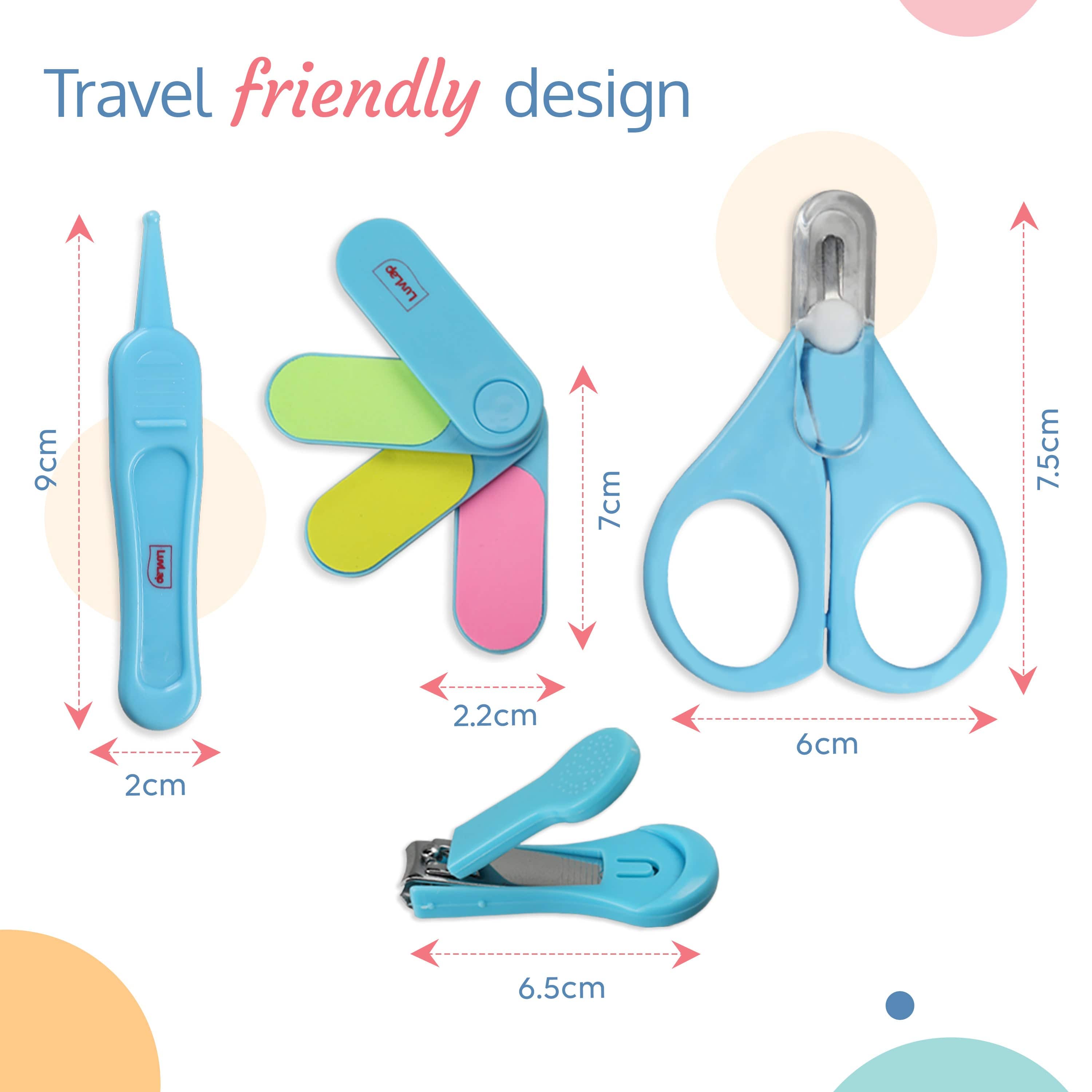 LuvLap Baby Grooming Scissors & Nail Clipper Set/Kit, Manicure Set, 4pcs, Blue, 0m+