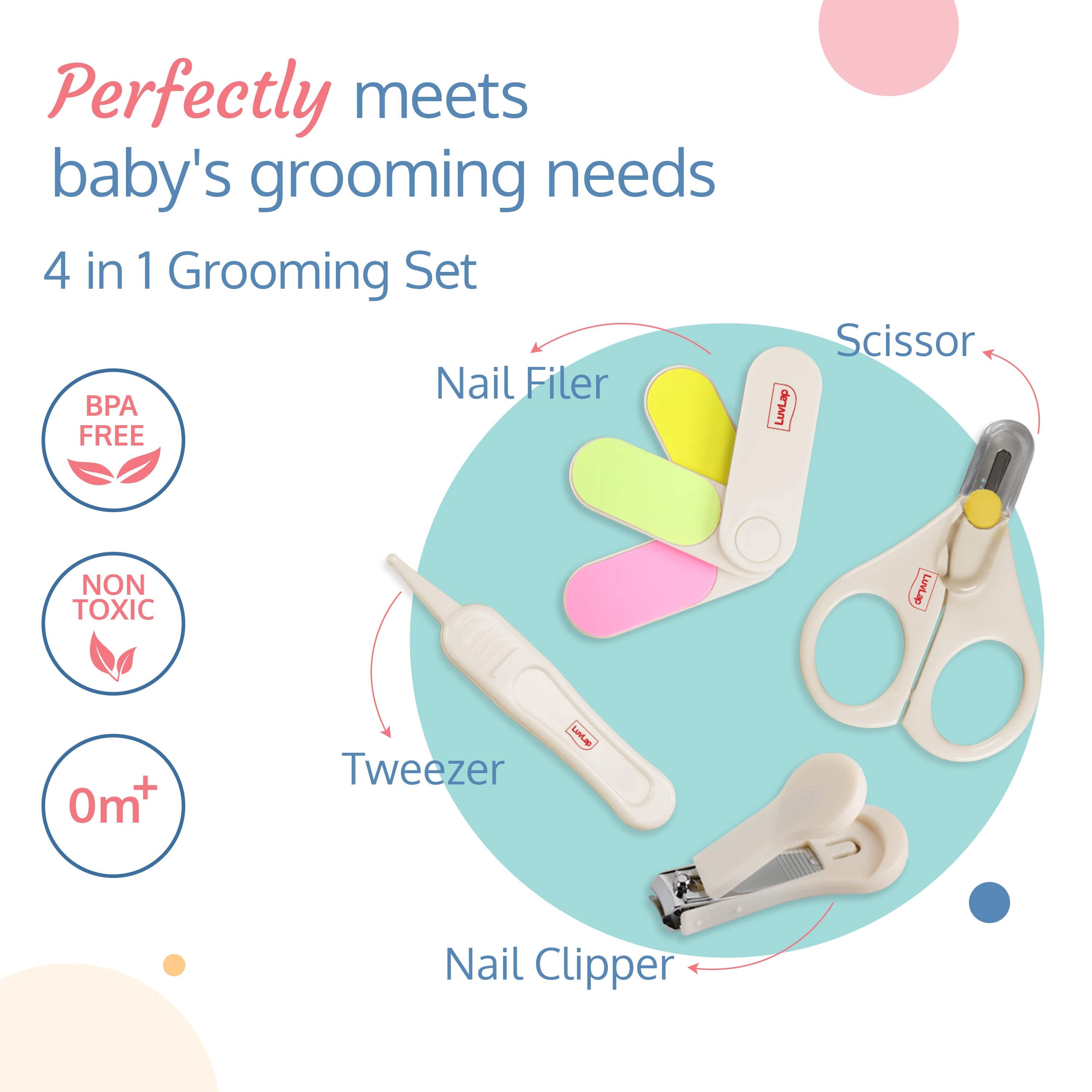 LuvLap Baby Grooming Scissors & Nail Clipper Set/Kit, Manicure Set, 4pcs, White, 0 M+