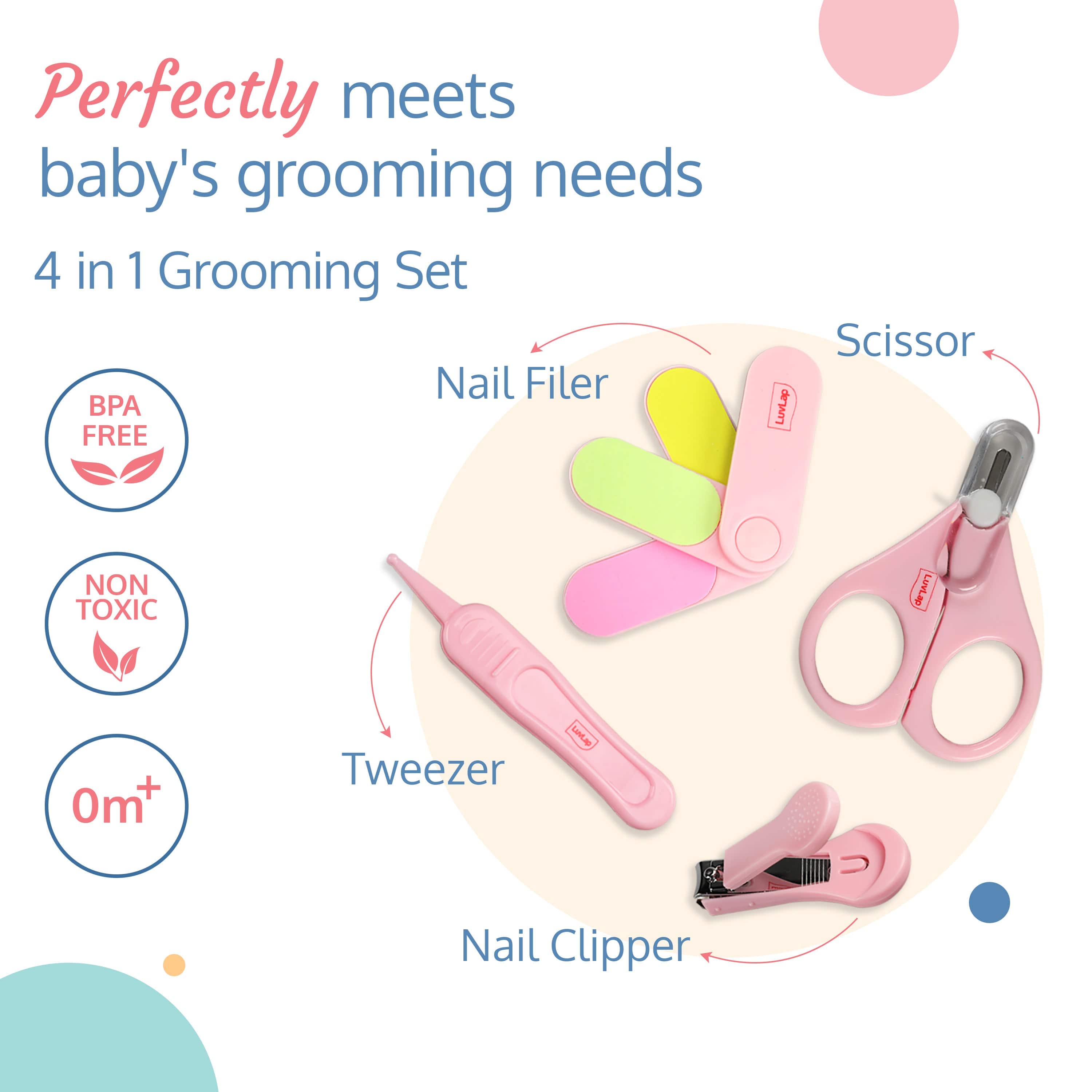 LuvLap Baby Grooming Scissors & Nail Clipper Set/Kit, Manicure Set, 4pcs, Pink, 0m+