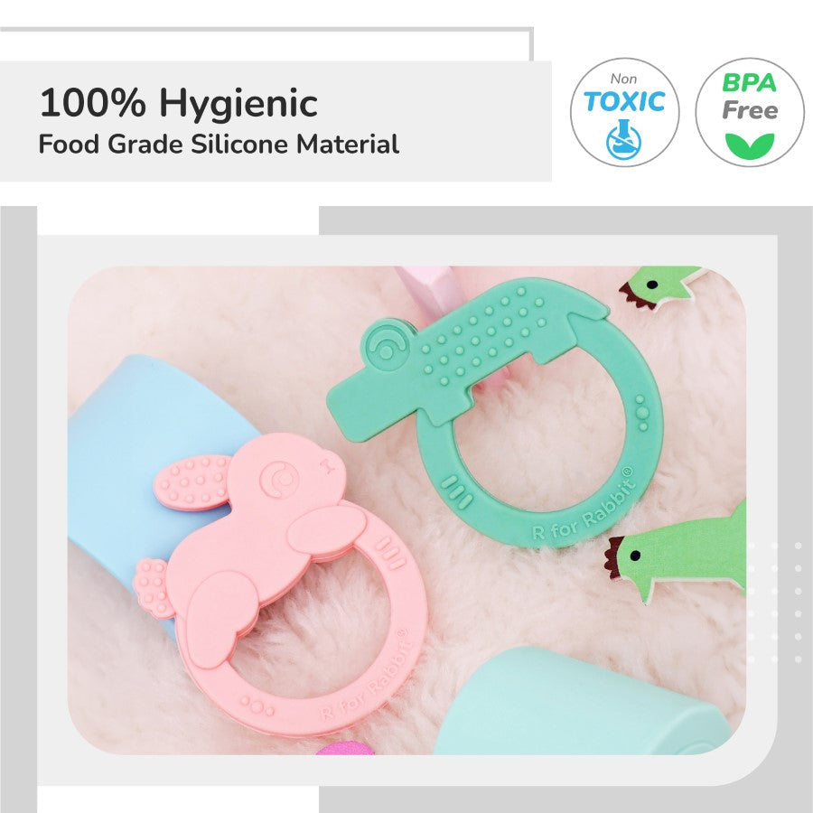 R for Rabbit Tiny Bites Zoobie Baby Silicone Teethers Pack of 2 Elephant and Rabbit, Crocodile and Rabbit