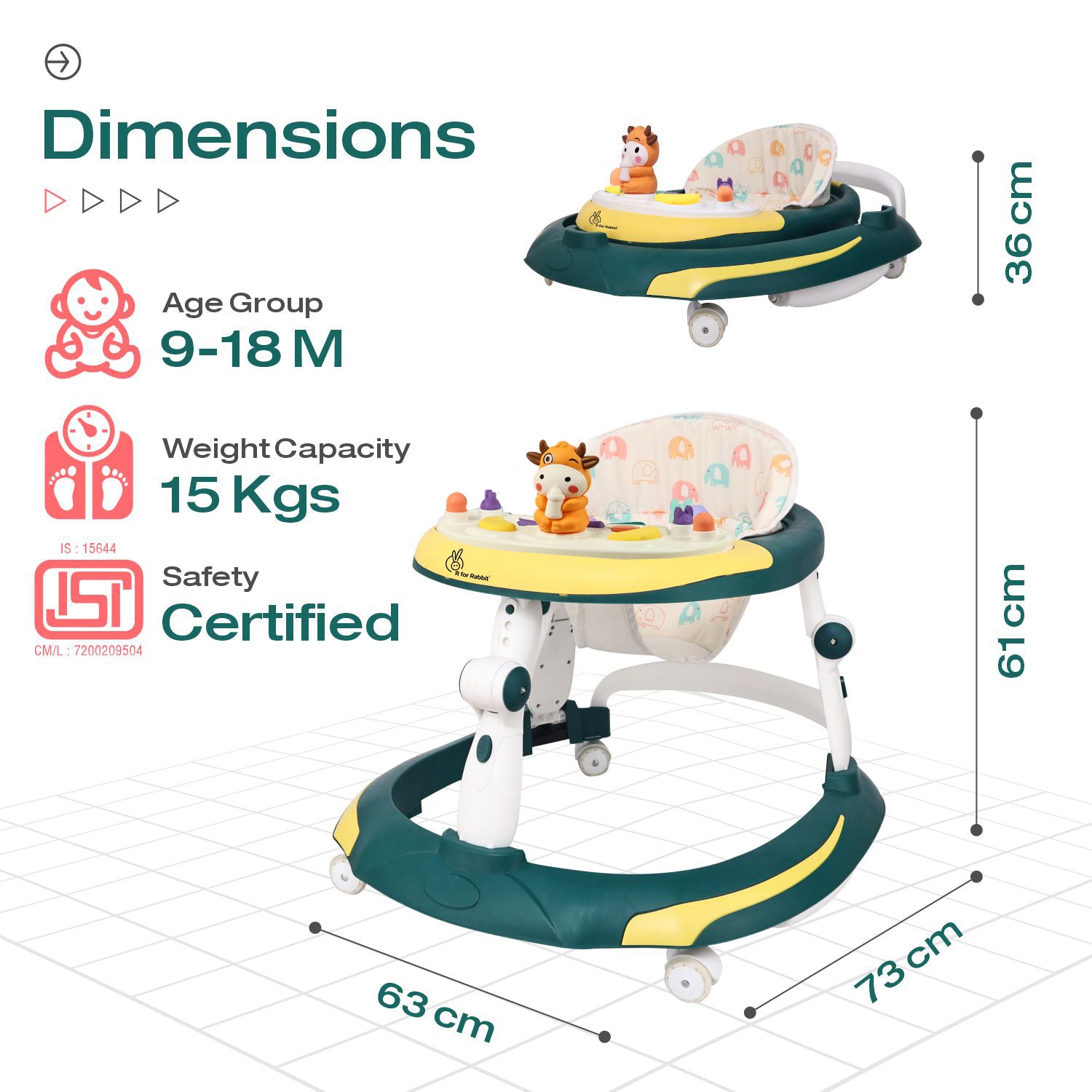 R for Rabbit Little Feet Plus Walker - Detachable Toy Bar/Meal Tray With Music & Light, 3 Level Height/ 4 Level Seat Adjustment, 2-in-1 Walker cum Rocker