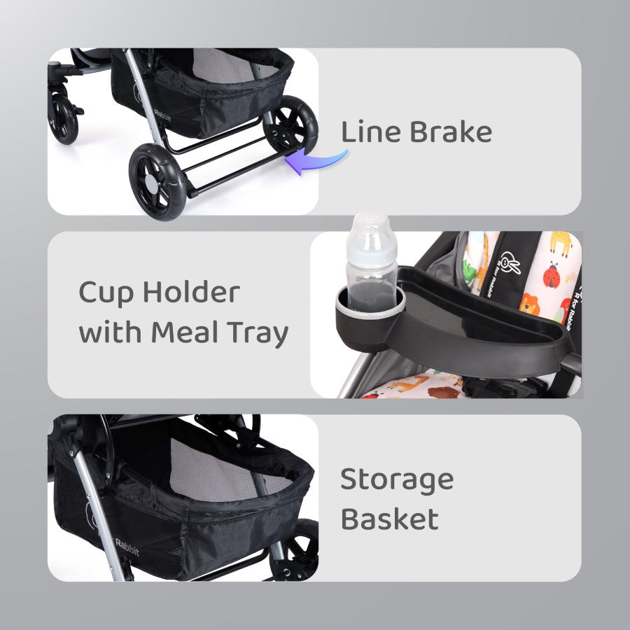 Chocolate Ride Stroller For Kids - Reversible Handle, Multiple Recline Positions, Cup Holder with Meal Tray, 5 Point Safety Harness, Storage Basket