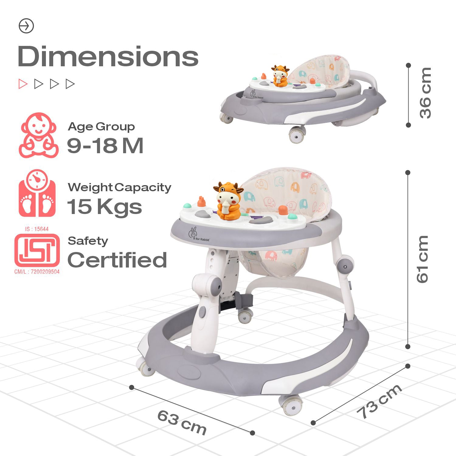 R for Rabbit Little Feet Plus Walker - Detachable Toy Bar/Meal Tray With Music & Light, 3 Level Height/ 4 Level Seat Adjustment, 2-in-1 Walker cum Rocker