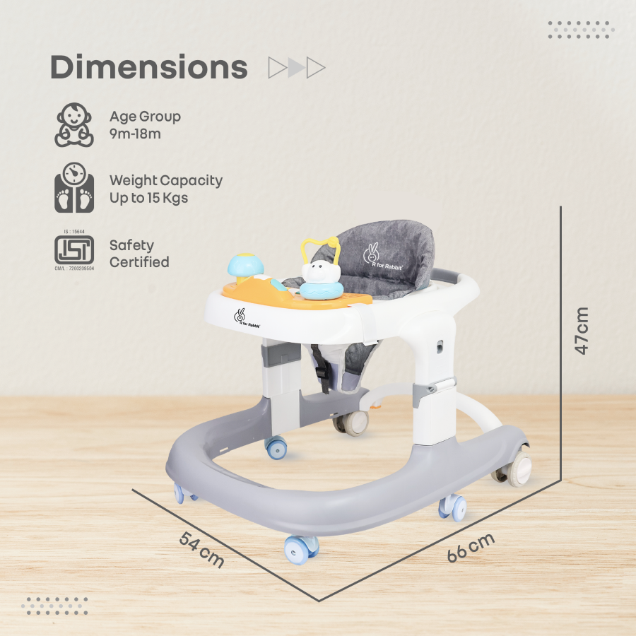 R for Rabbit Little Feet Sportz Baby Walker 2-in-1 Walker Turn Push Walker With Detachable Toy Bar With Meal Tray
