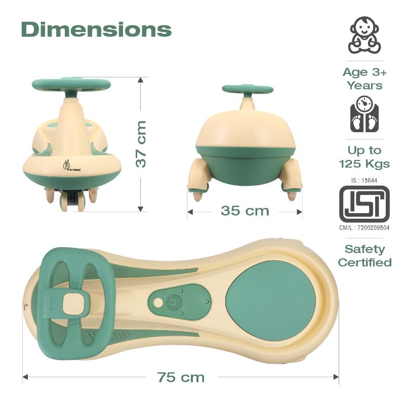 R for Rabbit Iya Iya Drift Swing Car - Inbuilt Music, Scratch Free PU Led Wheels, Up to 125 Kgs Capacity