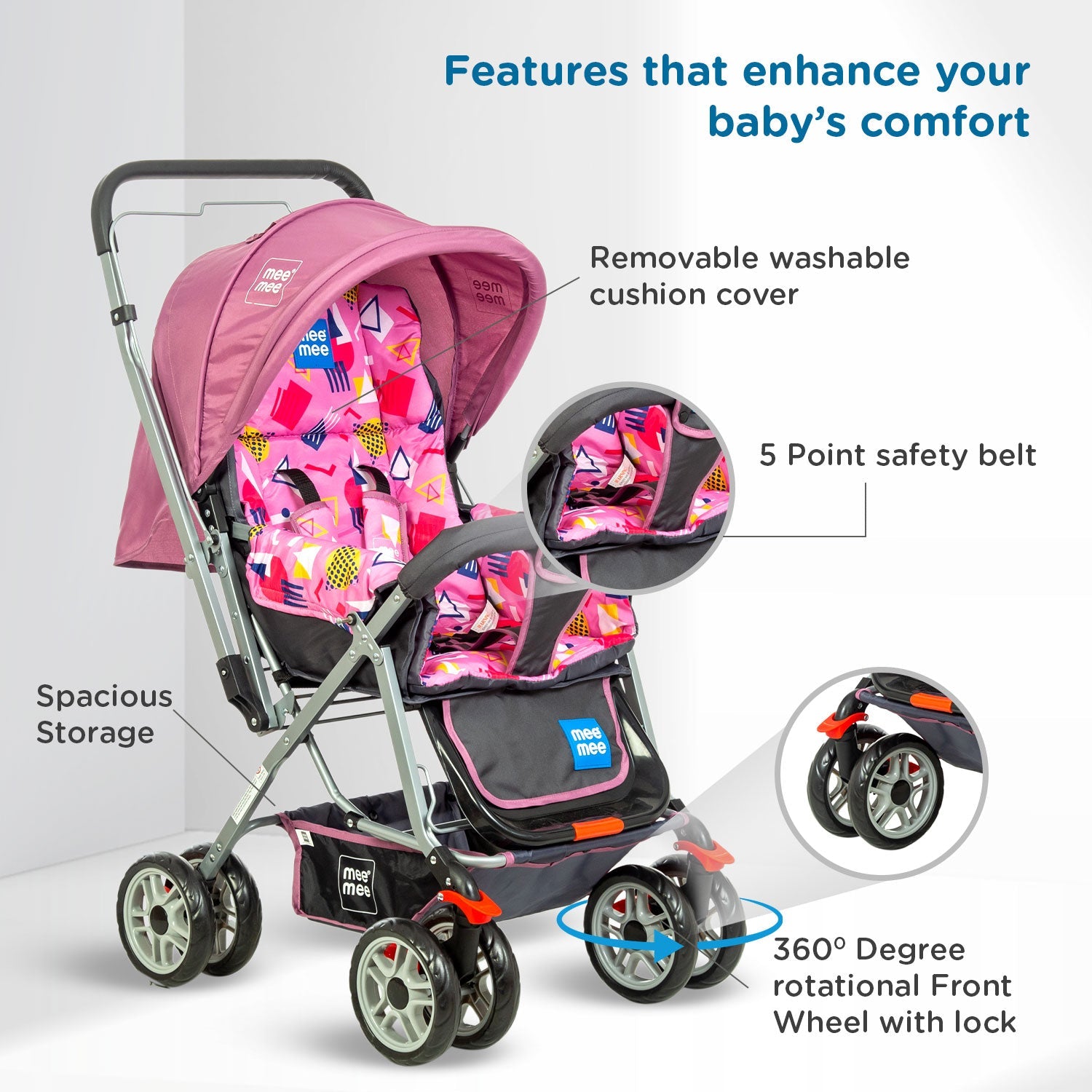 Mee Mee Little Explorer Advance Baby Stroller / Pram for 0 to 3 Years, New Born/Kids, 5 Point Safety Harness, Adjustable backrest, 360 Swivel Wheel, Large storage basket, Reversible Handlebar Net (DX Purple)