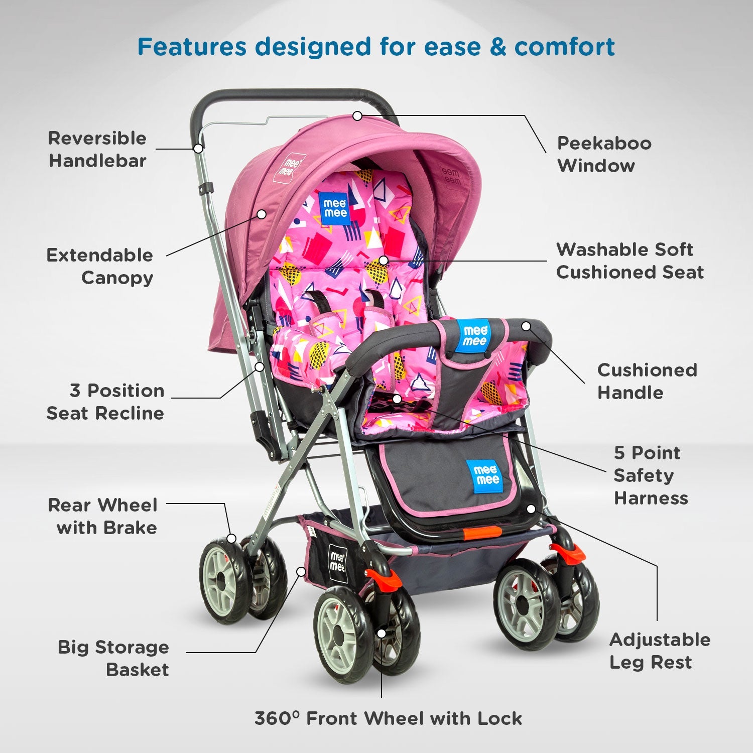 Mee Mee Little Explorer Advance Baby Stroller / Pram for 0 to 3 Years, New Born/Kids, 5 Point Safety Harness, Adjustable backrest, 360 Swivel Wheel, Large storage basket, Reversible Handlebar Net (DX Purple)