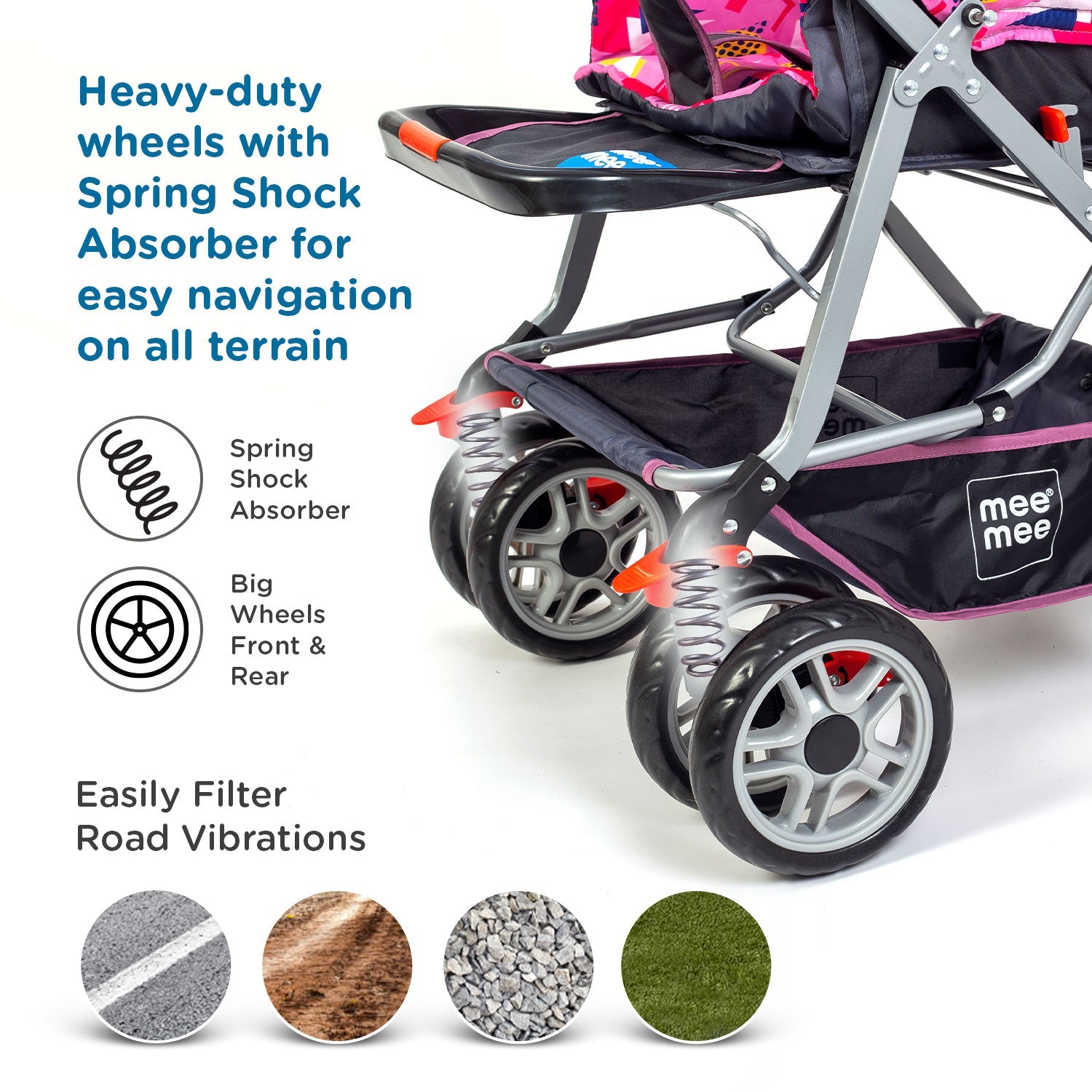Mee Mee Little Explorer Advance Baby Stroller / Pram for 0 to 3 Years, New Born/Kids, 5 Point Safety Harness, Adjustable backrest, 360 Swivel Wheel, Large storage basket, Reversible Handlebar Net (DX Purple)