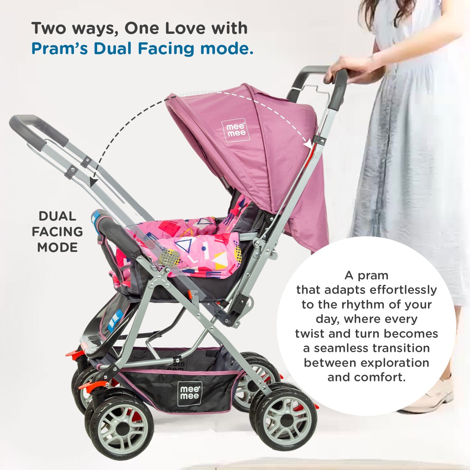 Mee Mee Little Explorer Advance Baby Stroller / Pram for 0 to 3 Years, New Born/Kids, 5 Point Safety Harness, Adjustable backrest, 360 Swivel Wheel, Large storage basket, Reversible Handlebar Net (DX Purple)