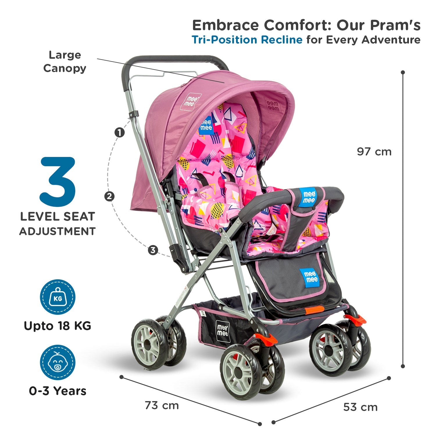 Mee Mee Little Explorer Advance Baby Stroller / Pram for 0 to 3 Years, New Born/Kids, 5 Point Safety Harness, Adjustable backrest, 360 Swivel Wheel, Large storage basket, Reversible Handlebar Net (DX Purple)