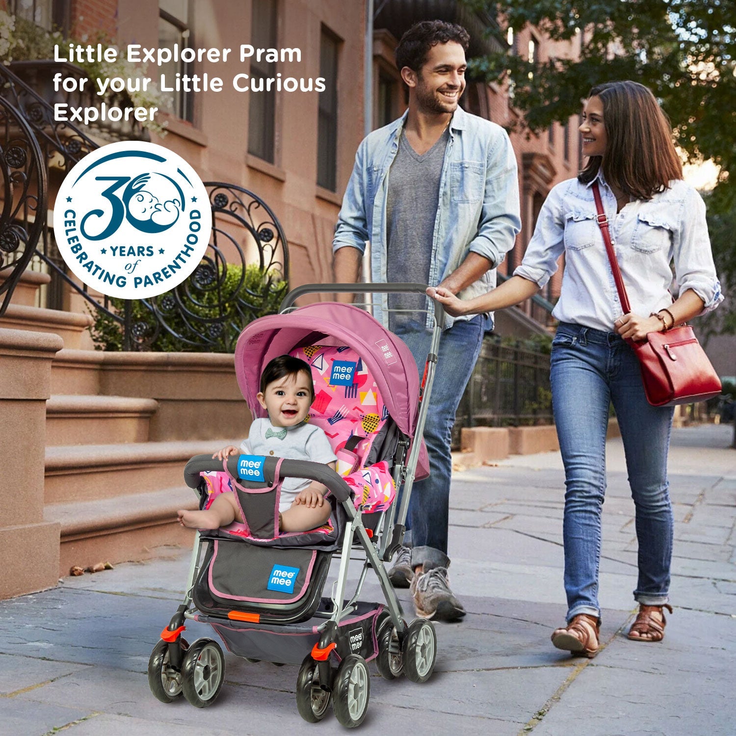 Mee Mee Little Explorer Advance Baby Stroller / Pram for 0 to 3 Years, New Born/Kids, 5 Point Safety Harness, Adjustable backrest, 360 Swivel Wheel, Large storage basket, Reversible Handlebar Net (DX Purple)