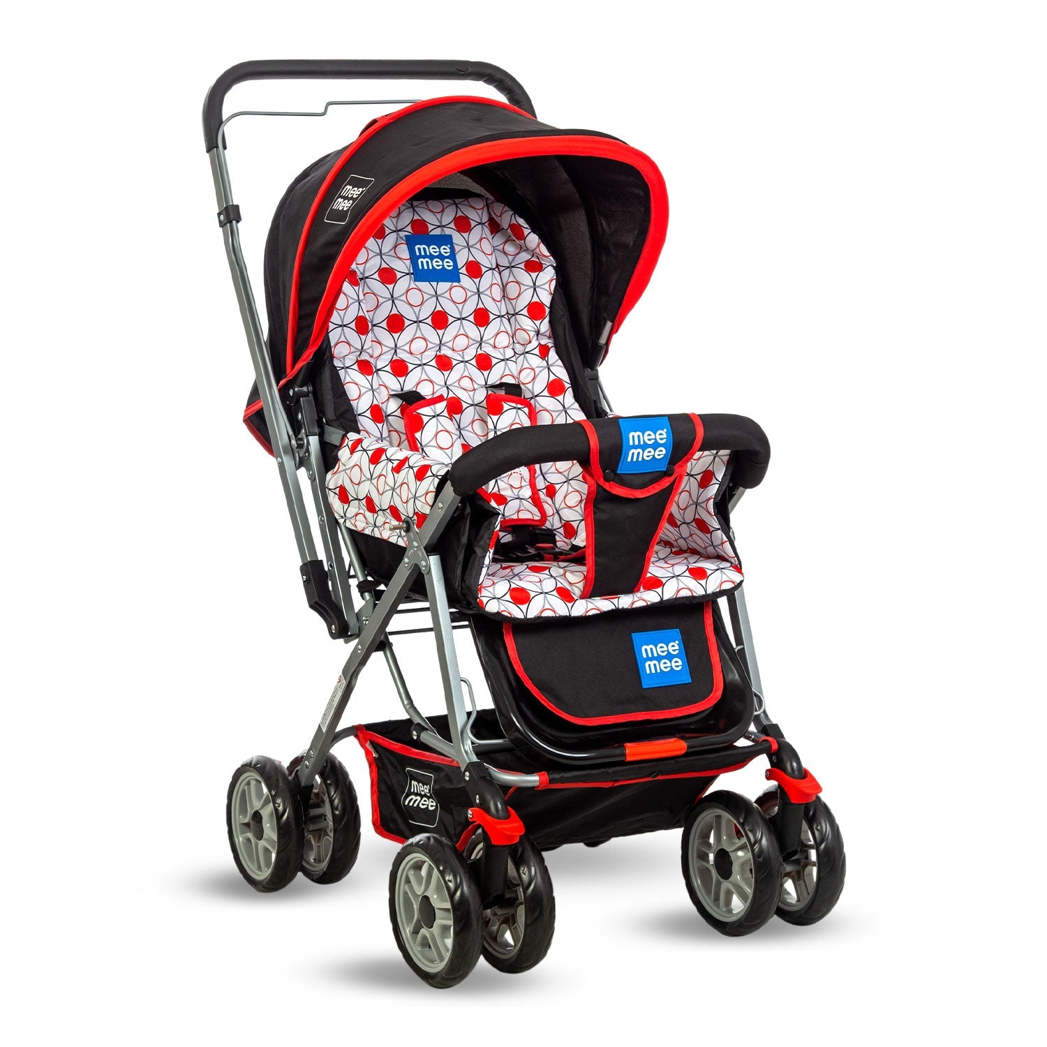 Mee Mee Little Explorer Baby Stroller/Pram with 5 Point Safety Harness for 0 to 3 Years, New Born/Kids, Adjustable backrest, 360 Swivel Wheel, Large Storage Basket, Reversible Handlebar Net (Modern, Red)