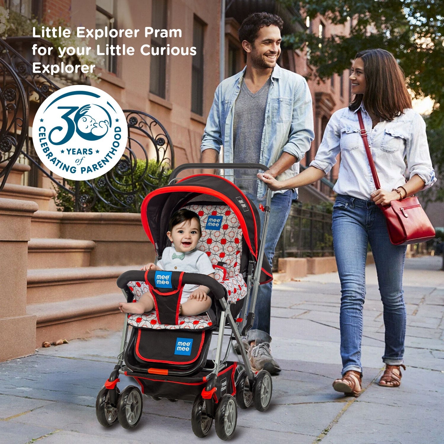 Mee Mee Little Explorer Baby Stroller/Pram with 5 Point Safety Harness for 0 to 3 Years, New Born/Kids, Adjustable backrest, 360 Swivel Wheel, Large Storage Basket, Reversible Handlebar Net (Modern, Red)