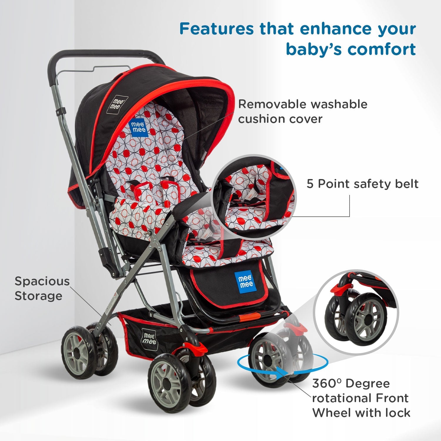 Mee Mee Little Explorer Baby Stroller/Pram with 5 Point Safety Harness for 0 to 3 Years, New Born/Kids, Adjustable backrest, 360 Swivel Wheel, Large Storage Basket, Reversible Handlebar Net (Modern, Red)
