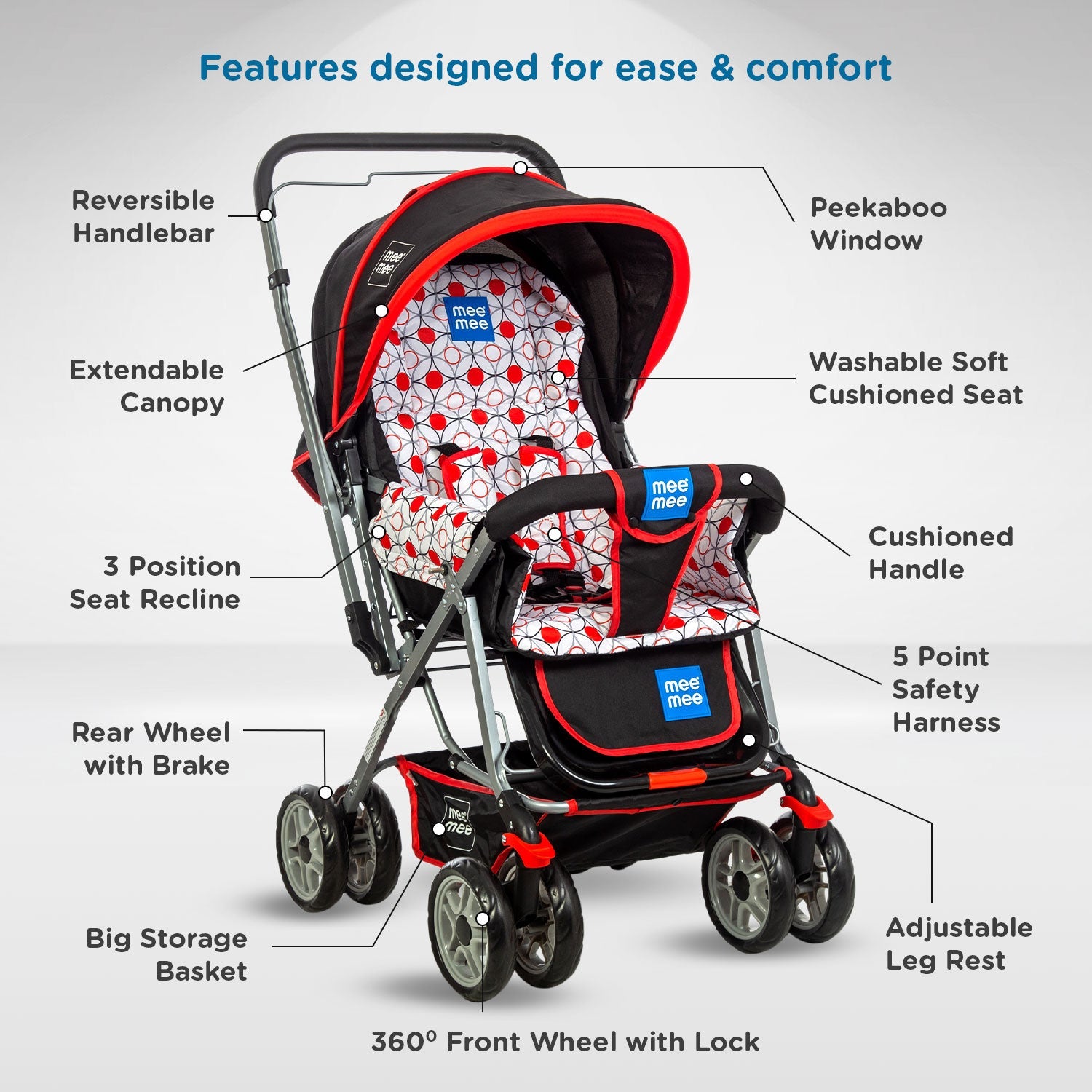 Mee Mee Little Explorer Baby Stroller/Pram with 5 Point Safety Harness for 0 to 3 Years, New Born/Kids, Adjustable backrest, 360 Swivel Wheel, Large Storage Basket, Reversible Handlebar Net (Modern, Red)