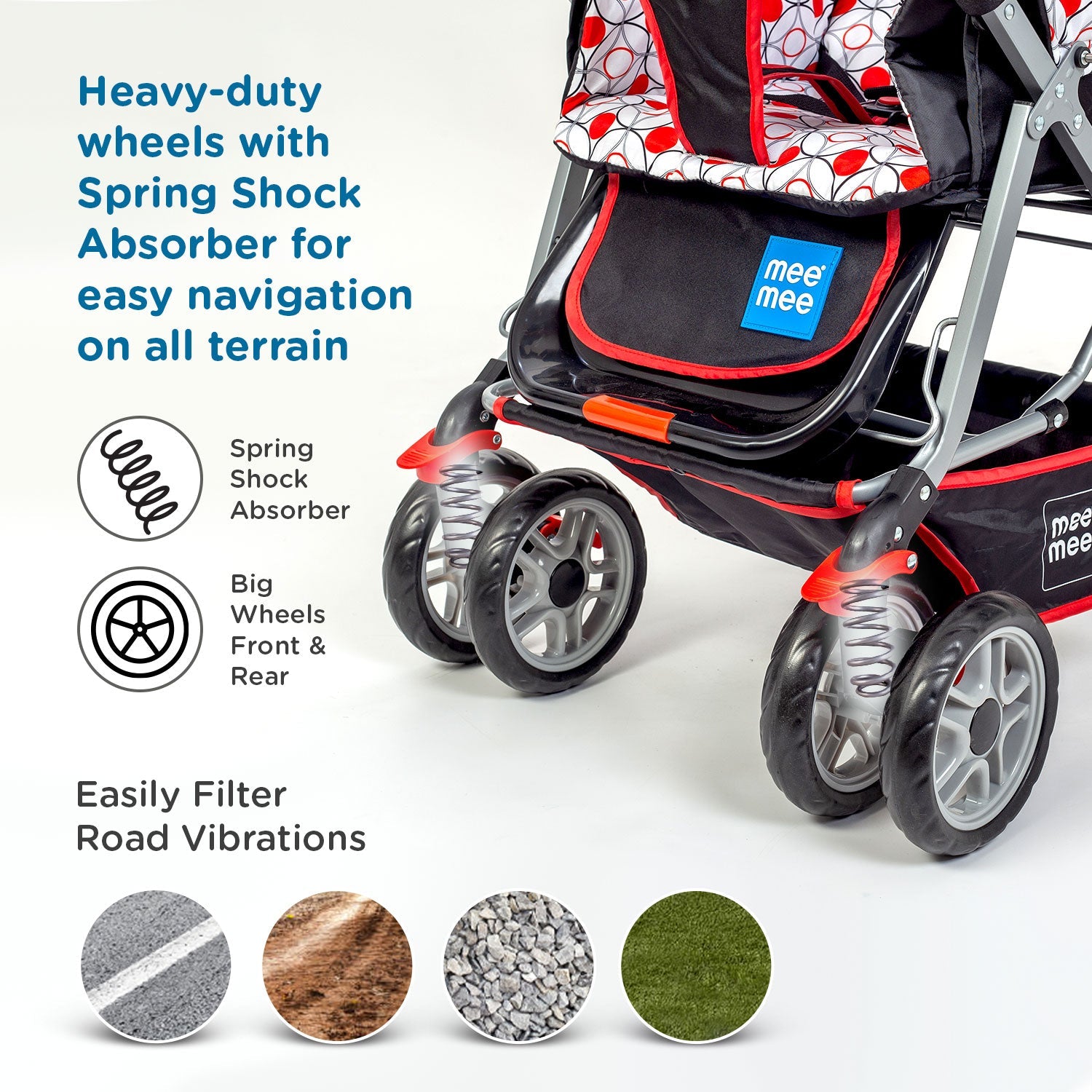 Mee Mee Little Explorer Baby Stroller/Pram with 5 Point Safety Harness for 0 to 3 Years, New Born/Kids, Adjustable backrest, 360 Swivel Wheel, Large Storage Basket, Reversible Handlebar Net (Modern, Red)