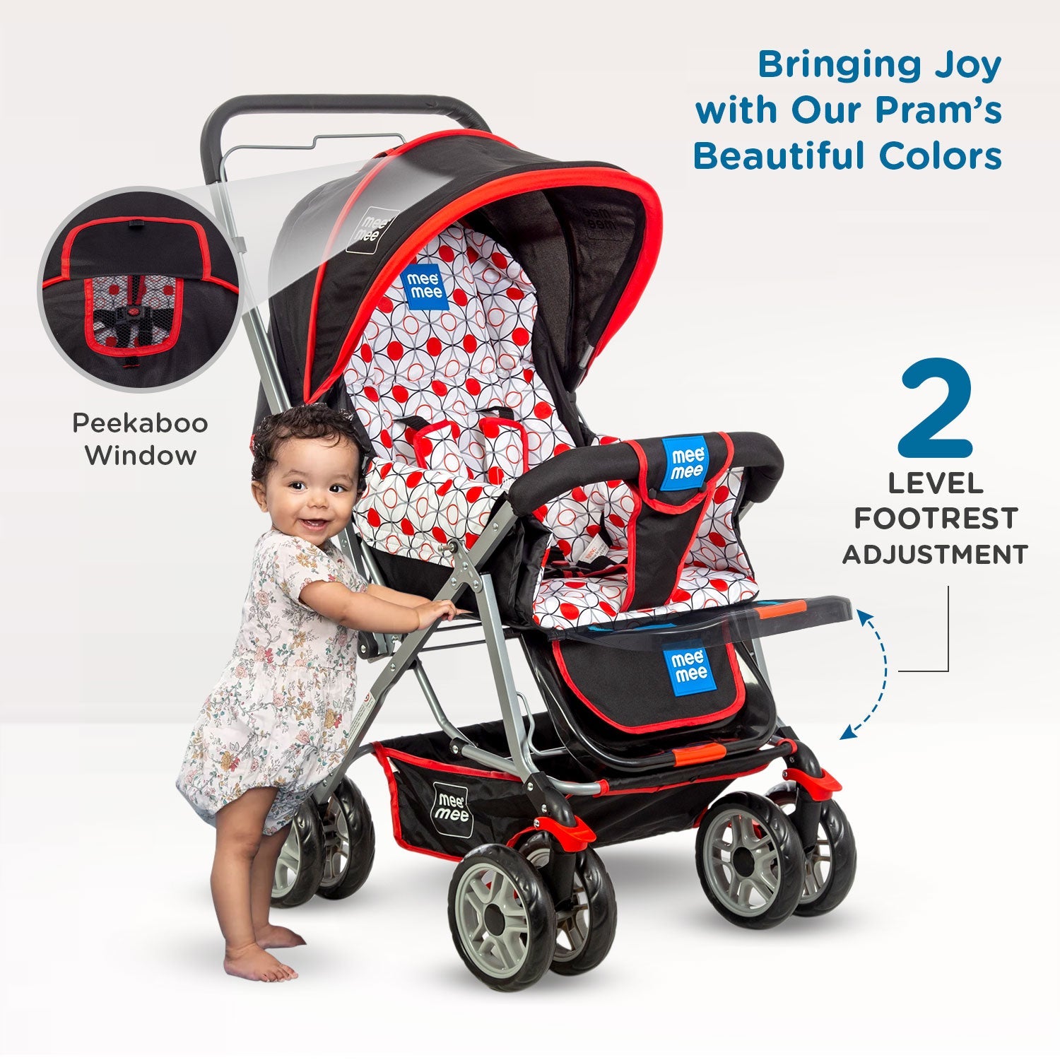 Mee Mee Little Explorer Baby Stroller/Pram with 5 Point Safety Harness for 0 to 3 Years, New Born/Kids, Adjustable backrest, 360 Swivel Wheel, Large Storage Basket, Reversible Handlebar Net (Modern, Red)