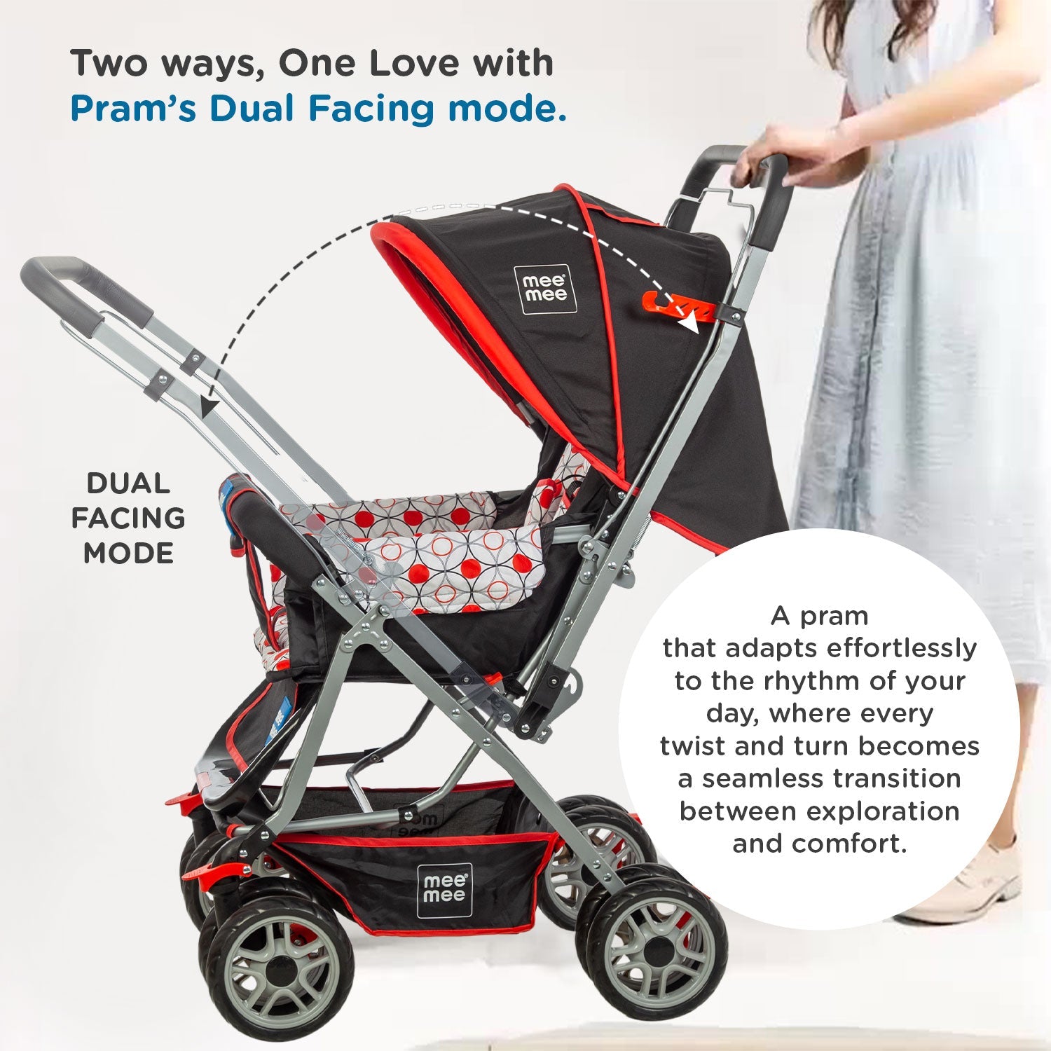 Mee Mee Little Explorer Baby Stroller/Pram with 5 Point Safety Harness for 0 to 3 Years, New Born/Kids, Adjustable backrest, 360 Swivel Wheel, Large Storage Basket, Reversible Handlebar Net (Modern, Red)