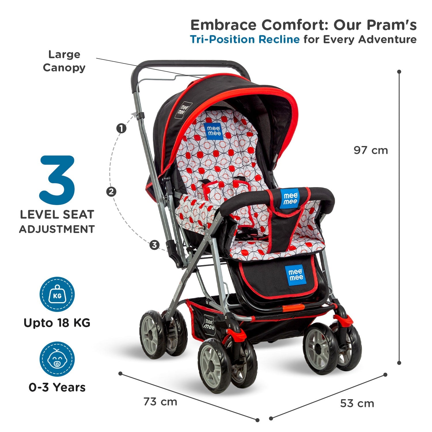 Mee Mee Little Explorer Baby Stroller/Pram with 5 Point Safety Harness for 0 to 3 Years, New Born/Kids, Adjustable backrest, 360 Swivel Wheel, Large Storage Basket, Reversible Handlebar Net (Modern, Red)