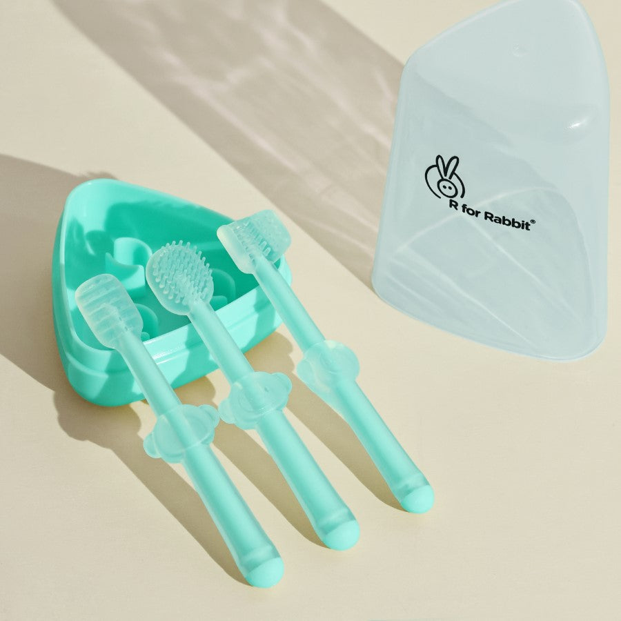 R for Rabbit Tiny Smiles Pixie 3-in-1 Baby Toothbrush Set BPA-Free Silicone with Gum Massager, U-Shape & Toddler Brush