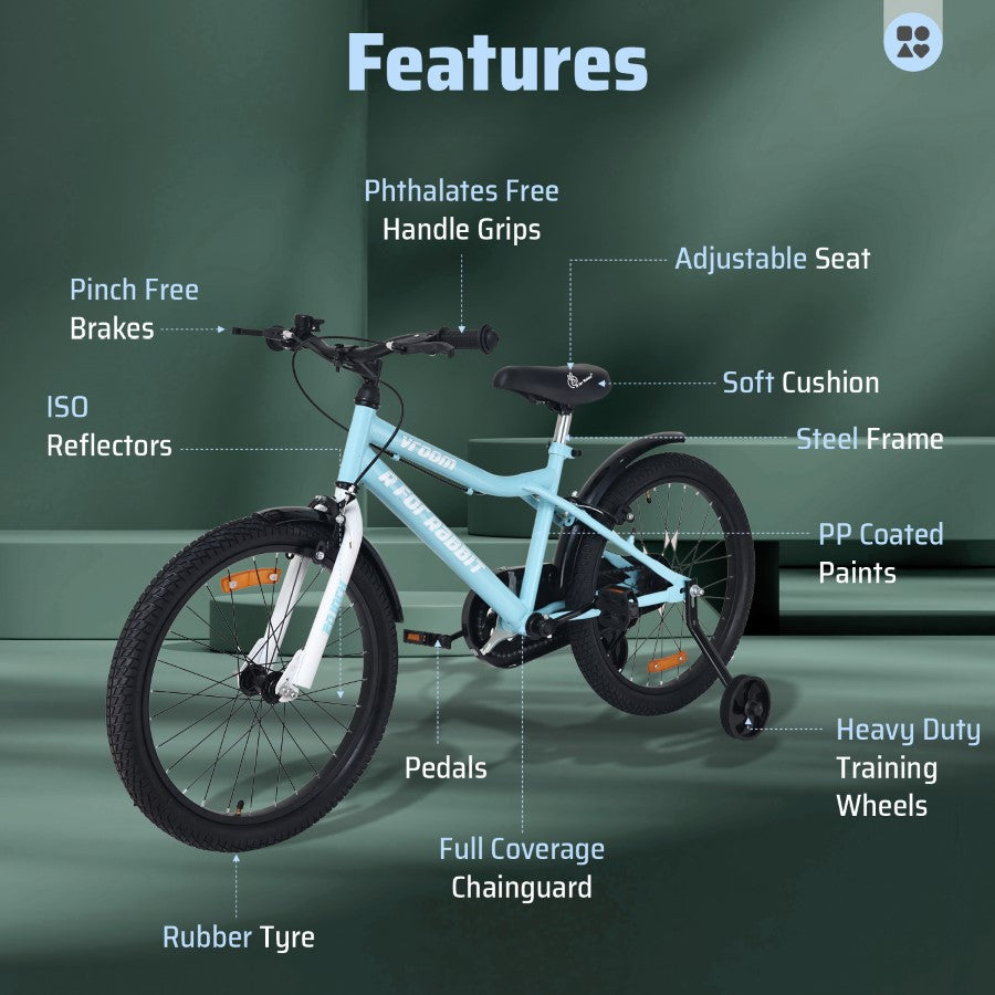 R for Rabbit Vroom Bicycle For Kids 20 Inch With 90% Plug And Play For Ease Of Installation, Wide Training Wheels, Adjustable Seat, 7-10yrs, Upto 50kgs