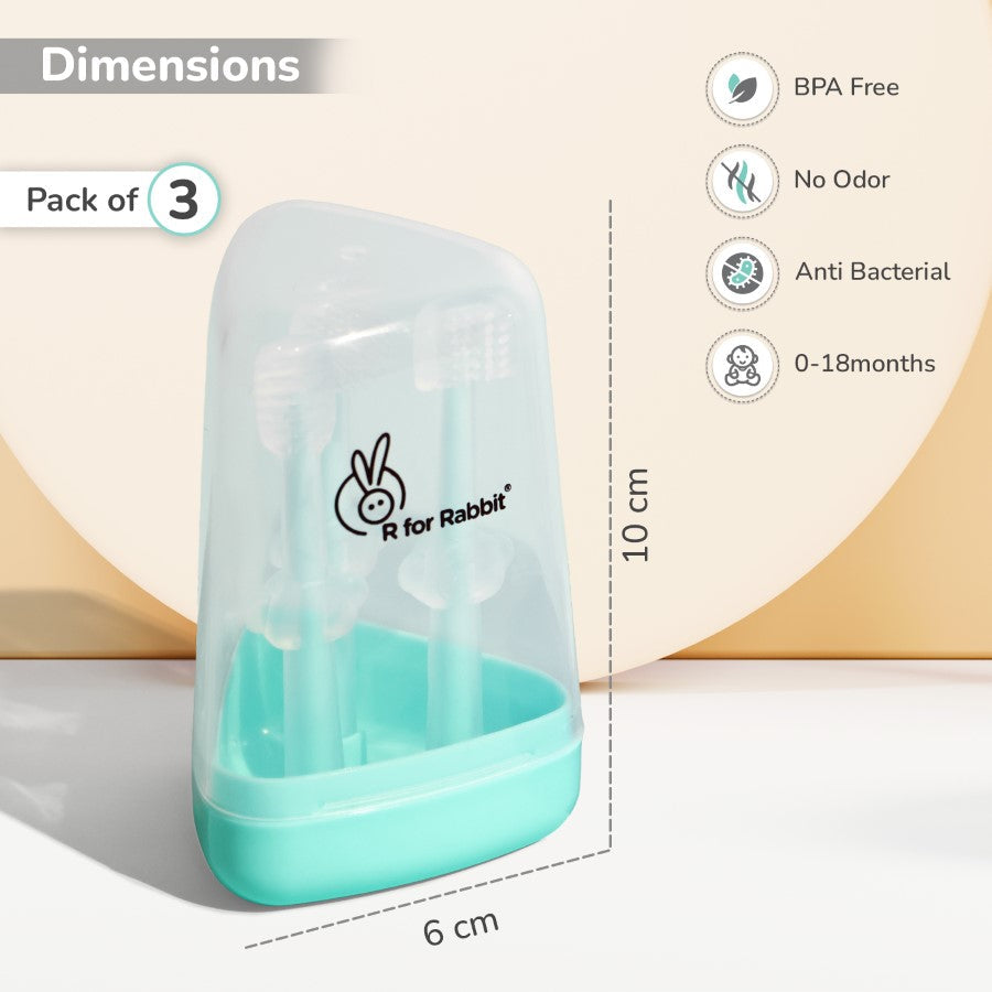 R for Rabbit Tiny Smiles Pixie 3-in-1 Baby Toothbrush Set BPA-Free Silicone with Gum Massager, U-Shape & Toddler Brush