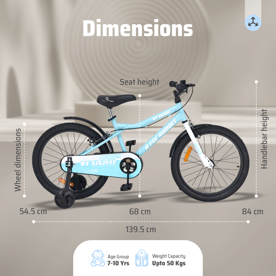 R for Rabbit Vroom Bicycle For Kids 20 Inch With 90% Plug And Play For Ease Of Installation, Wide Training Wheels, Adjustable Seat, 7-10yrs, Upto 50kgs