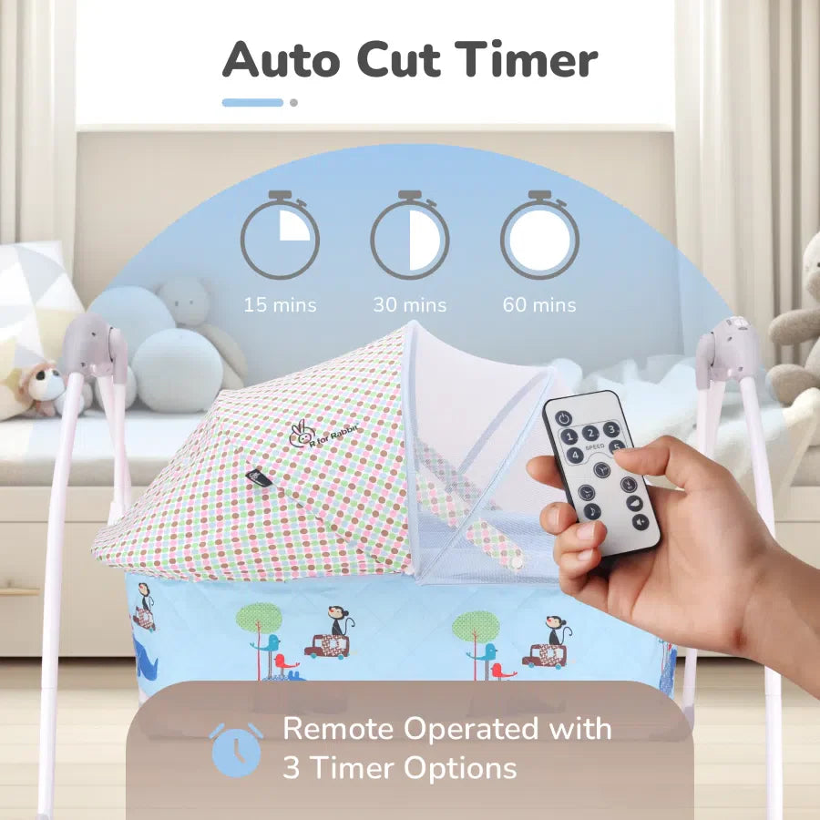 R for Rabbit Lullabies Cradle - Auto Swing With Remote Control, 16 In-Built Soothing Music Tunes, Mosquito Net Baby Cradle, 3-Point Safety, Swing Lock