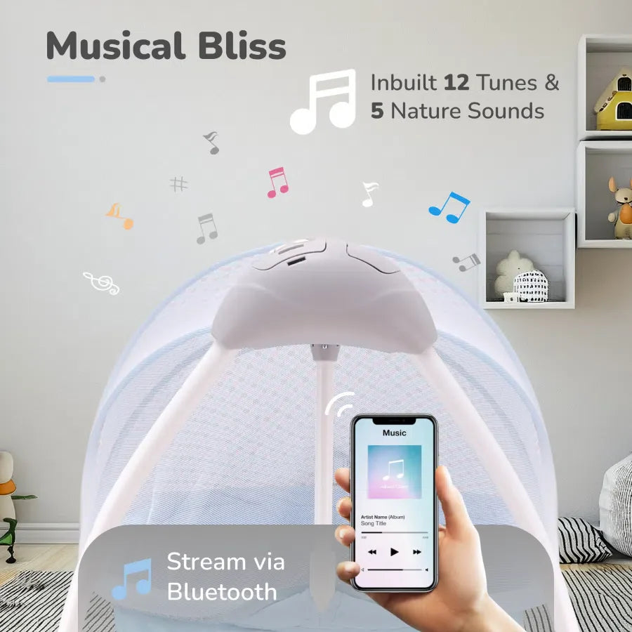 R for Rabbit Lullabies Cradle - Auto Swing With Remote Control, 16 In-Built Soothing Music Tunes, Mosquito Net Baby Cradle, 3-Point Safety, Swing Lock