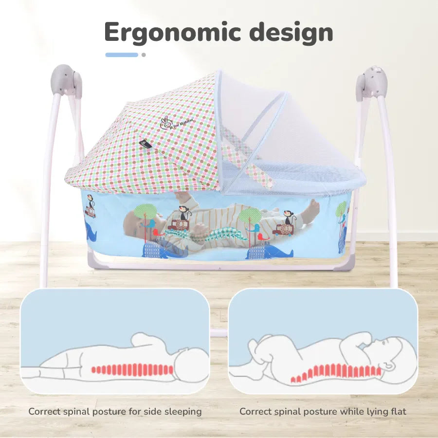 R for Rabbit Lullabies Cradle - Auto Swing With Remote Control, 16 In-Built Soothing Music Tunes, Mosquito Net Baby Cradle, 3-Point Safety, Swing Lock