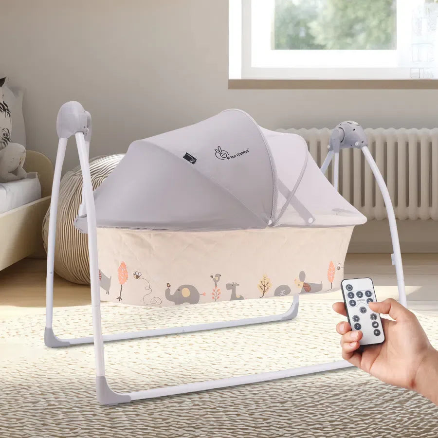 R for Rabbit Lullabies Cradle - Auto Swing With Remote Control, 16 In-Built Soothing Music Tunes, Mosquito Net Baby Cradle, 3-Point Safety, Swing Lock