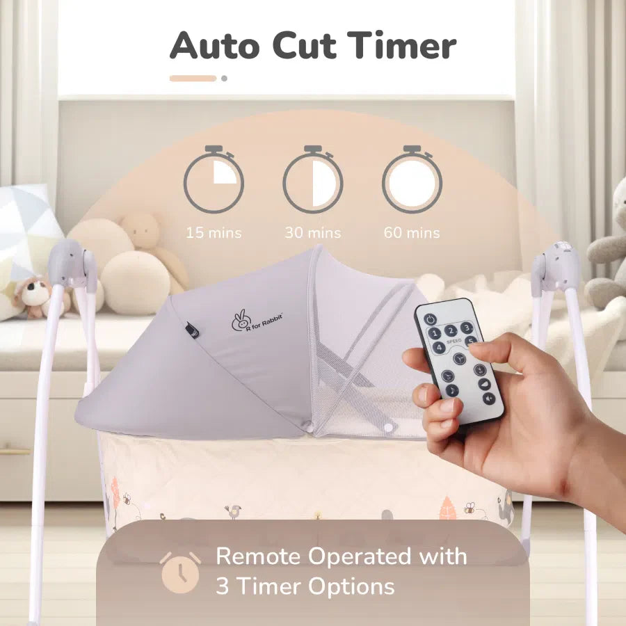 R for Rabbit Lullabies Cradle - Auto Swing With Remote Control, 16 In-Built Soothing Music Tunes, Mosquito Net Baby Cradle, 3-Point Safety, Swing Lock