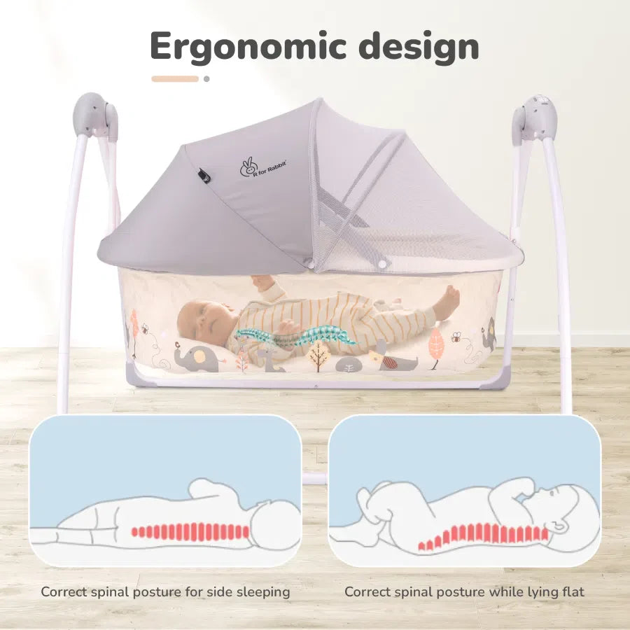 R for Rabbit Lullabies Cradle - Auto Swing With Remote Control, 16 In-Built Soothing Music Tunes, Mosquito Net Baby Cradle, 3-Point Safety, Swing Lock