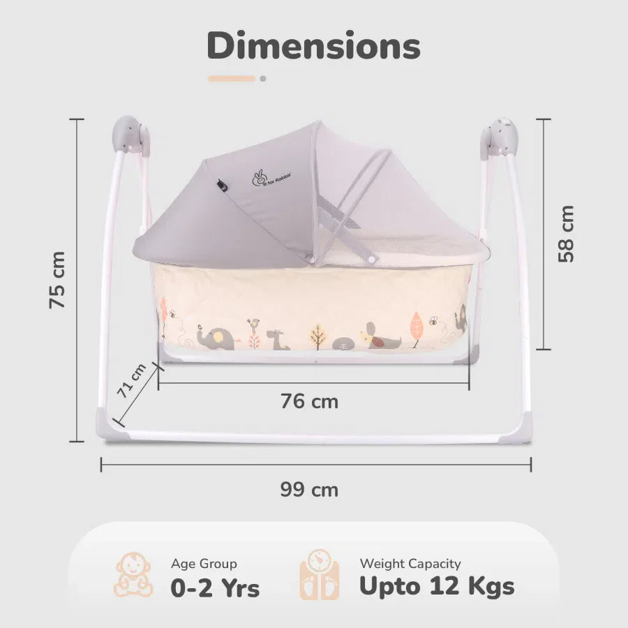 R for Rabbit Lullabies Cradle - Auto Swing With Remote Control, 16 In-Built Soothing Music Tunes, Mosquito Net Baby Cradle, 3-Point Safety, Swing Lock