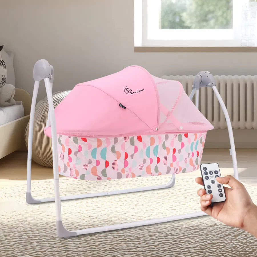R for Rabbit Lullabies Cradle - Auto Swing With Remote Control, 16 In-Built Soothing Music Tunes, Mosquito Net Baby Cradle, 3-Point Safety, Swing Lock
