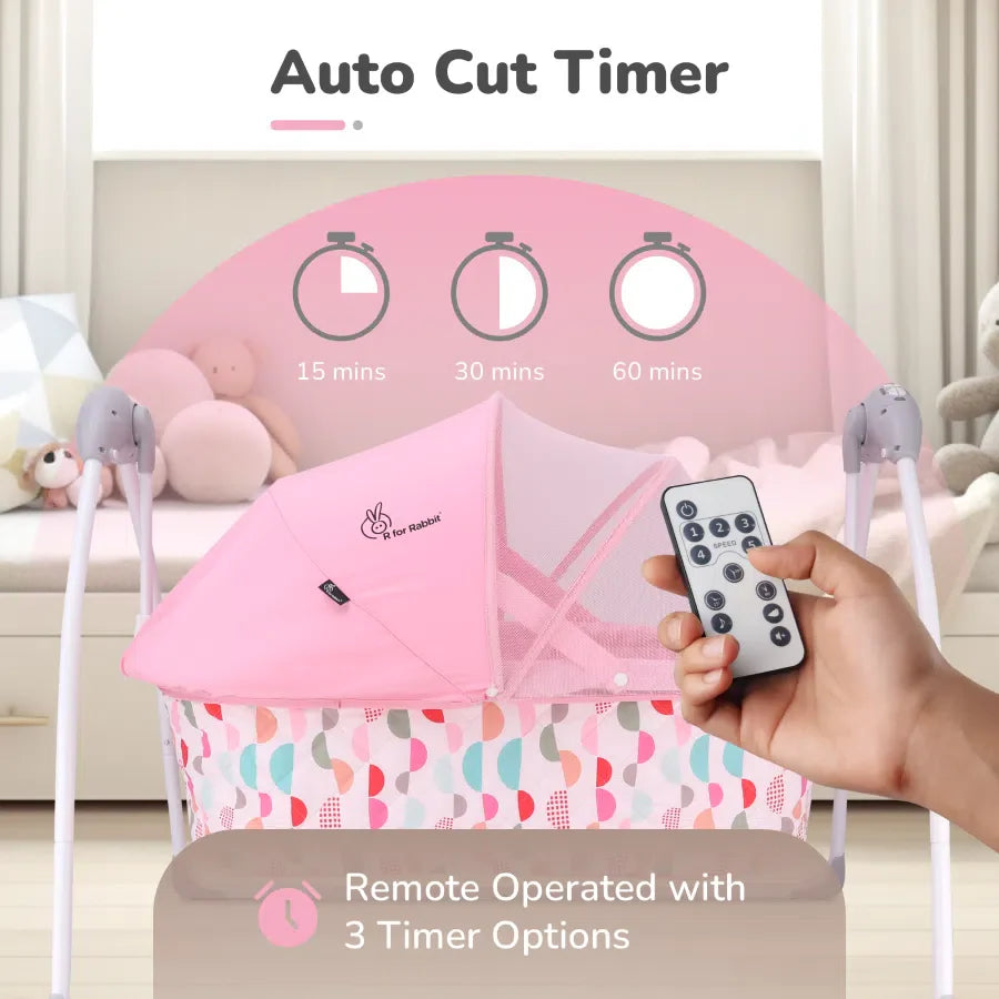 R for Rabbit Lullabies Cradle - Auto Swing With Remote Control, 16 In-Built Soothing Music Tunes, Mosquito Net Baby Cradle, 3-Point Safety, Swing Lock