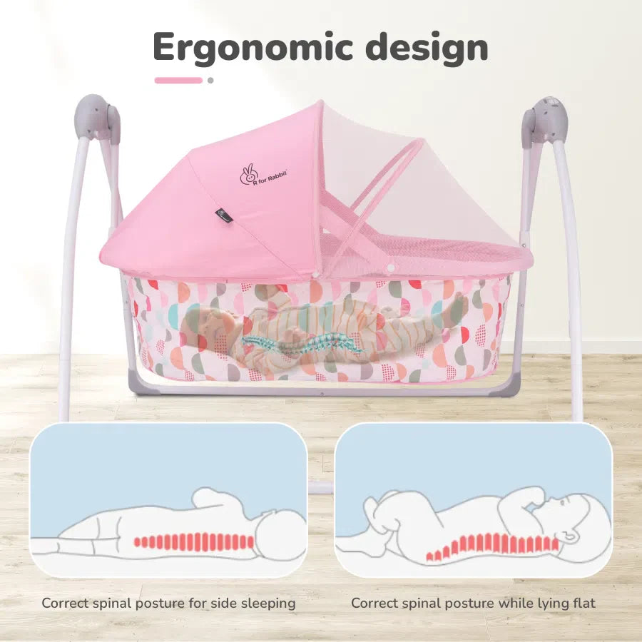 R for Rabbit Lullabies Cradle - Auto Swing With Remote Control, 16 In-Built Soothing Music Tunes, Mosquito Net Baby Cradle, 3-Point Safety, Swing Lock