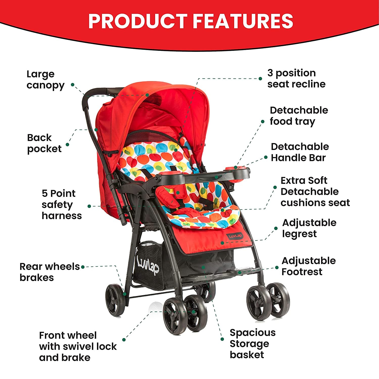 luvlap Joy Baby Stroller, Red