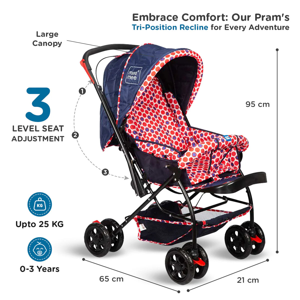 Mee Mee Baby Pram with Adjustable Seating Positions and Reversible Handle
