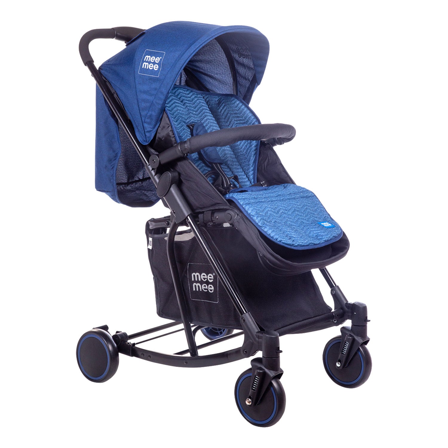Mee Mee Premium Baby Pram with Rocker Function | Large Basket | One Hand Folding - Blue