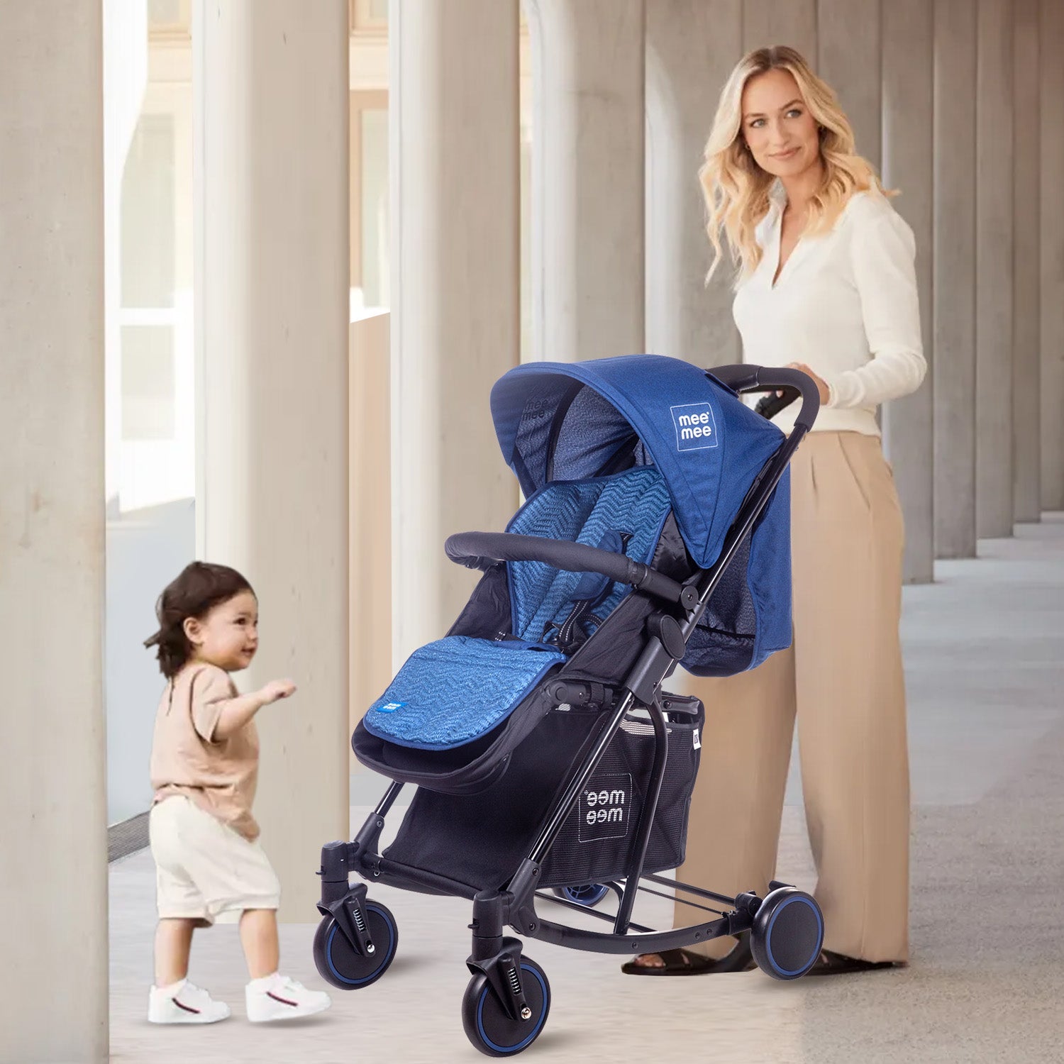 Mee Mee Premium Baby Pram with Rocker Function | Large Basket | One Hand Folding - Blue