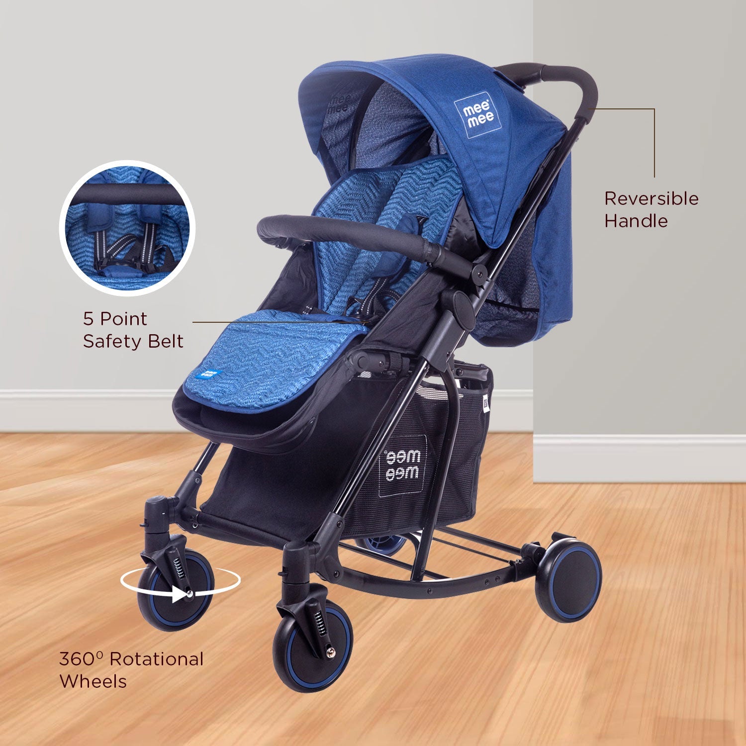 Mee Mee Premium Baby Pram with Rocker Function | Large Basket | One Hand Folding - Blue