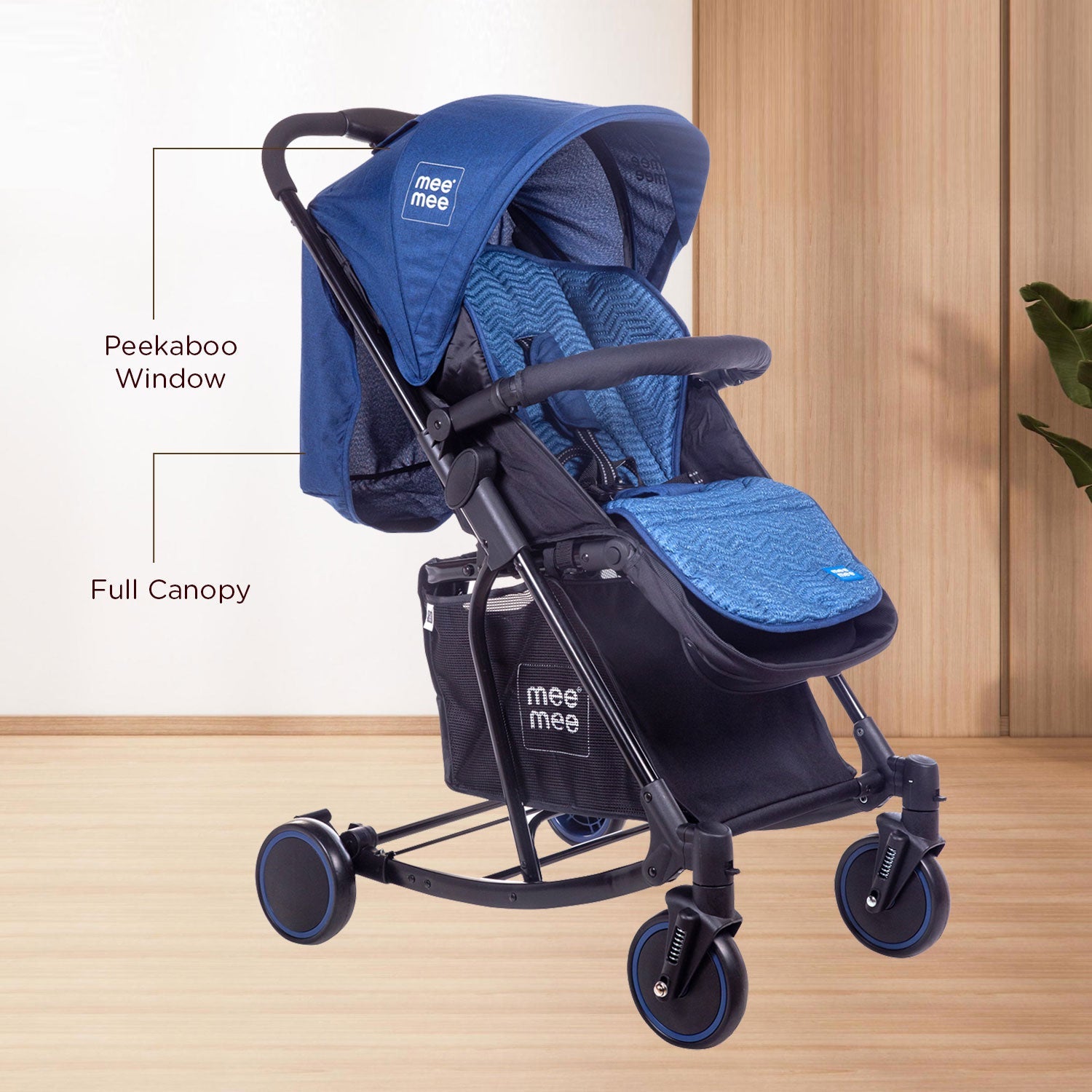 Mee Mee Premium Baby Pram with Rocker Function | Large Basket | One Hand Folding - Blue
