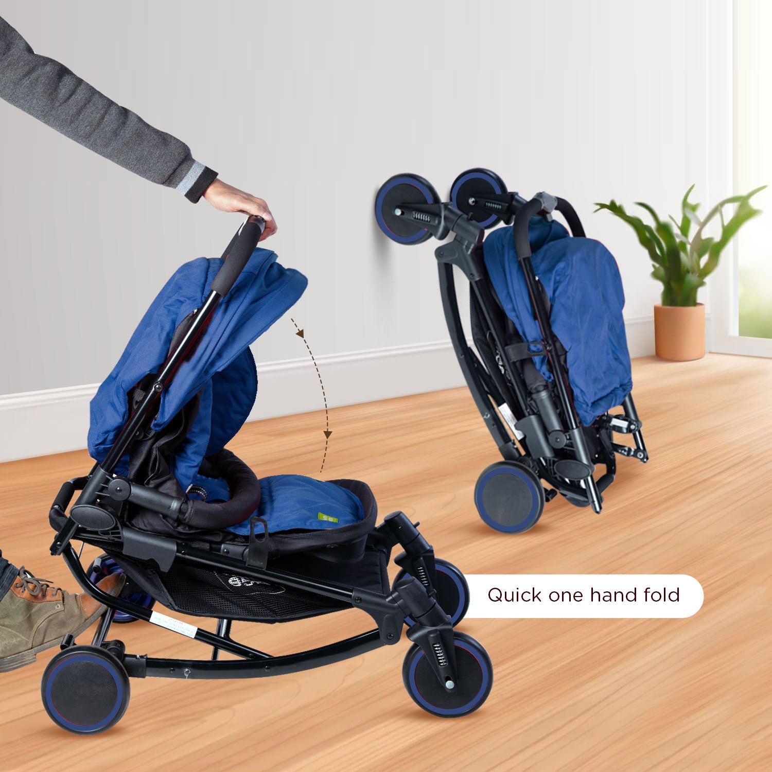 Mee Mee Premium Baby Pram with Rocker Function | Large Basket | One Hand Folding - Blue